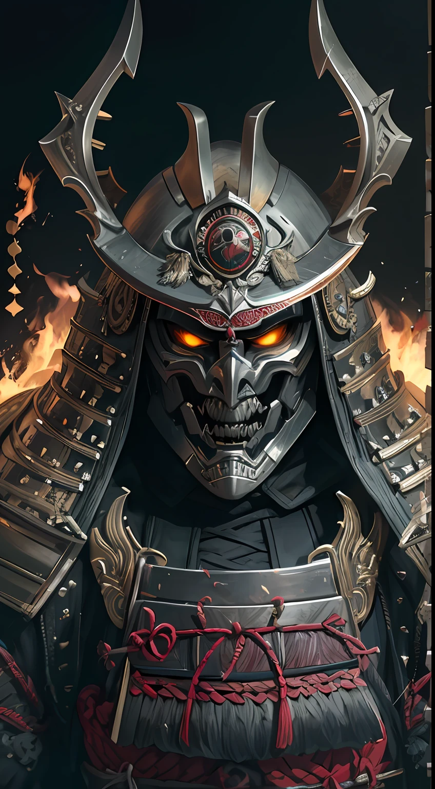 tmasterpiece, best qualtiy, 1人, Samurai armor, Helmet ghost evil mask, iintricate, Decorations detailed, cool colours,low-saturation,black, white and gray tones, metals, egypician detail, highly intricate detail, realistic raytraicing, Popular on CGsociety, glowing light eyes, facing at the camera,Fire details, hyper realistic detailed, portrait full body, Japanese atmosphere, globalillumination, shadowing, rendering by octane, 8K, Super sharp