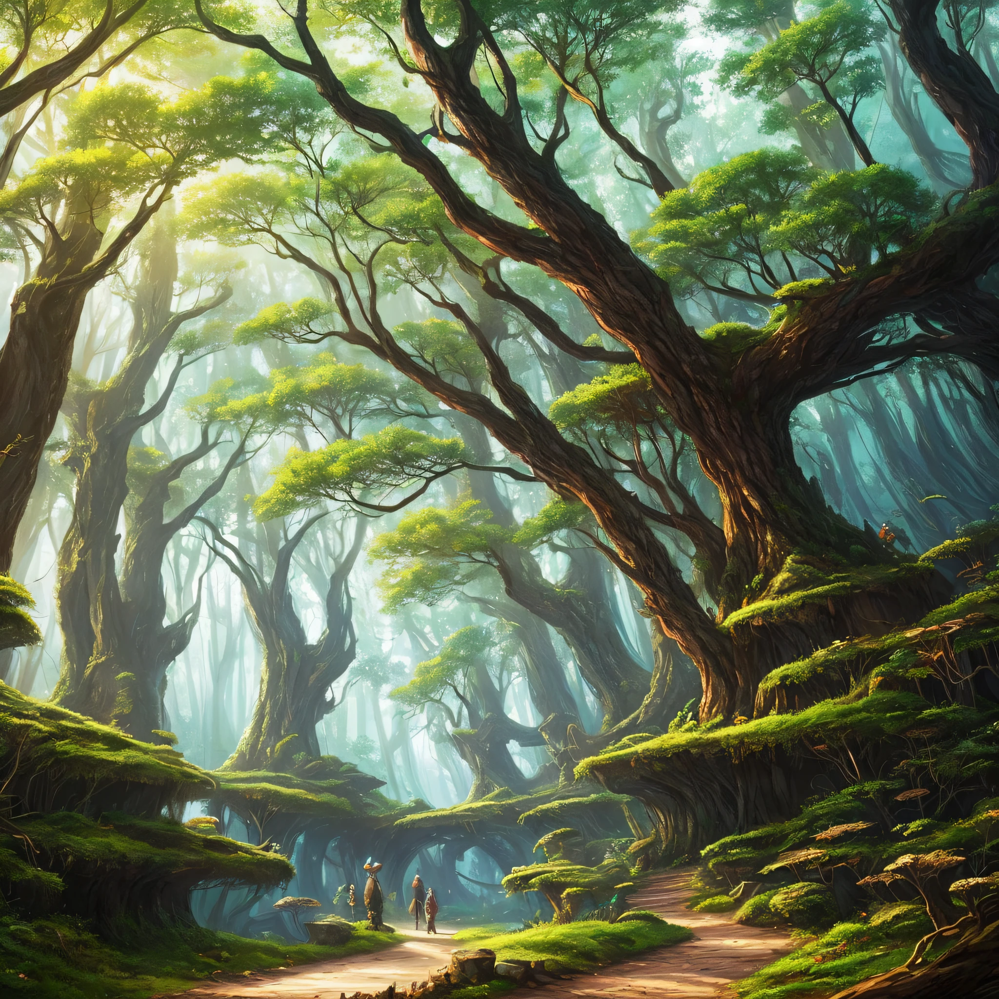 An enchanting and dreamy scene of a fantasy forest，towering trees，Glowing mushrooms and hidden canyons，Creates a mysterious and captivating feeling，digital illustrations，复杂，Uptrend，pastel colour，oil painted，award winning photography，bokeh，depth of fields，HDR，blooms，color difference，真实感，The is very detailed，Artstation trends，CGSociety trends，复杂，high detal，dramatics，Midjourney Art --auto