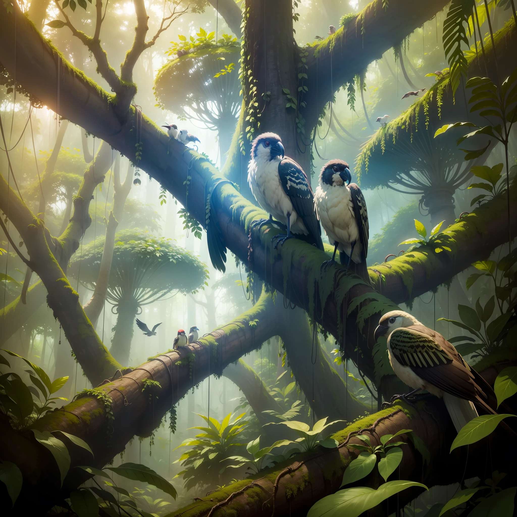(masterpiece, best quality), best resolution, rainforest canopy, rainforest birds flying amidst the tree branches, worm's eye view