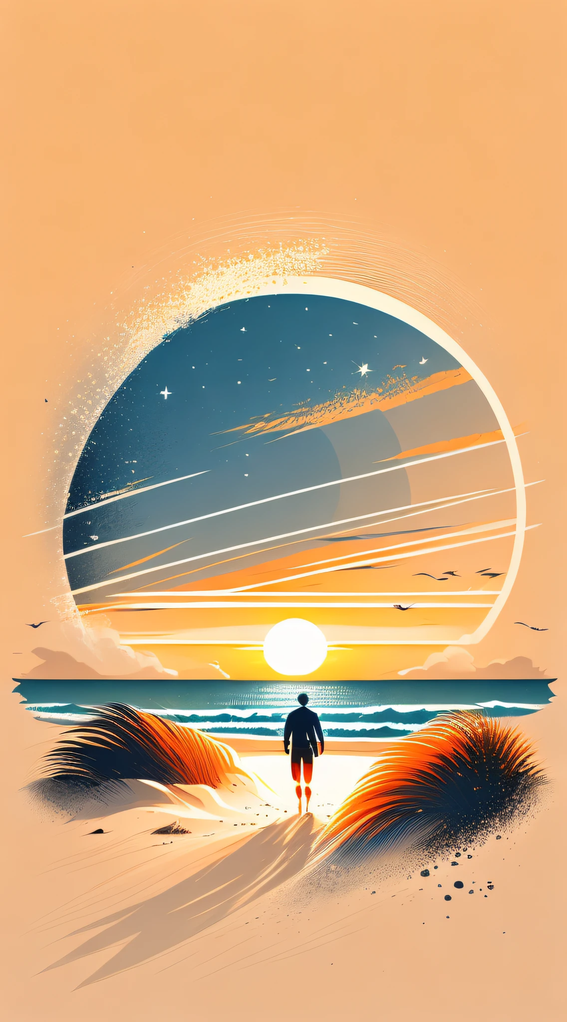 Sunset on the beach, white sand, epic composition, t-shirt design, rzminjourney, vector art