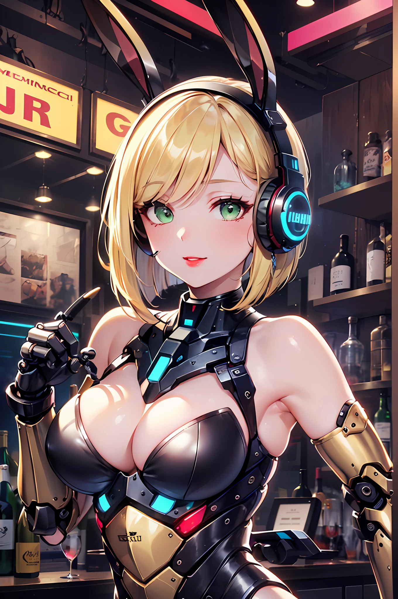 Top quality, fine detail, super detailed, accurate depiction, highly detailed 8k wallpaper, beautiful mechanical woman, solo, (half closed eyes, green eyes), (beautifully detailed eyes), seductive smile, (mechanical bunny girl: 1.3), five perfect fingers, (golden color exoskeleton suit: 1.1), (mechanical joints, echanical arms, mechanical legs: 1.4), (exposed shoulders, exposed armpits, exposed thighs), (long eyelashes, red lips), rabbit ears, rabbit tail, headphone, (blonde hair, bob cut), (beautiful and perfect fingers, 4fingers and 1thumb), cyberpunk, (bar), counter, wine, whiskey, bourbon, neon signboard, (face only), finger to mouth,