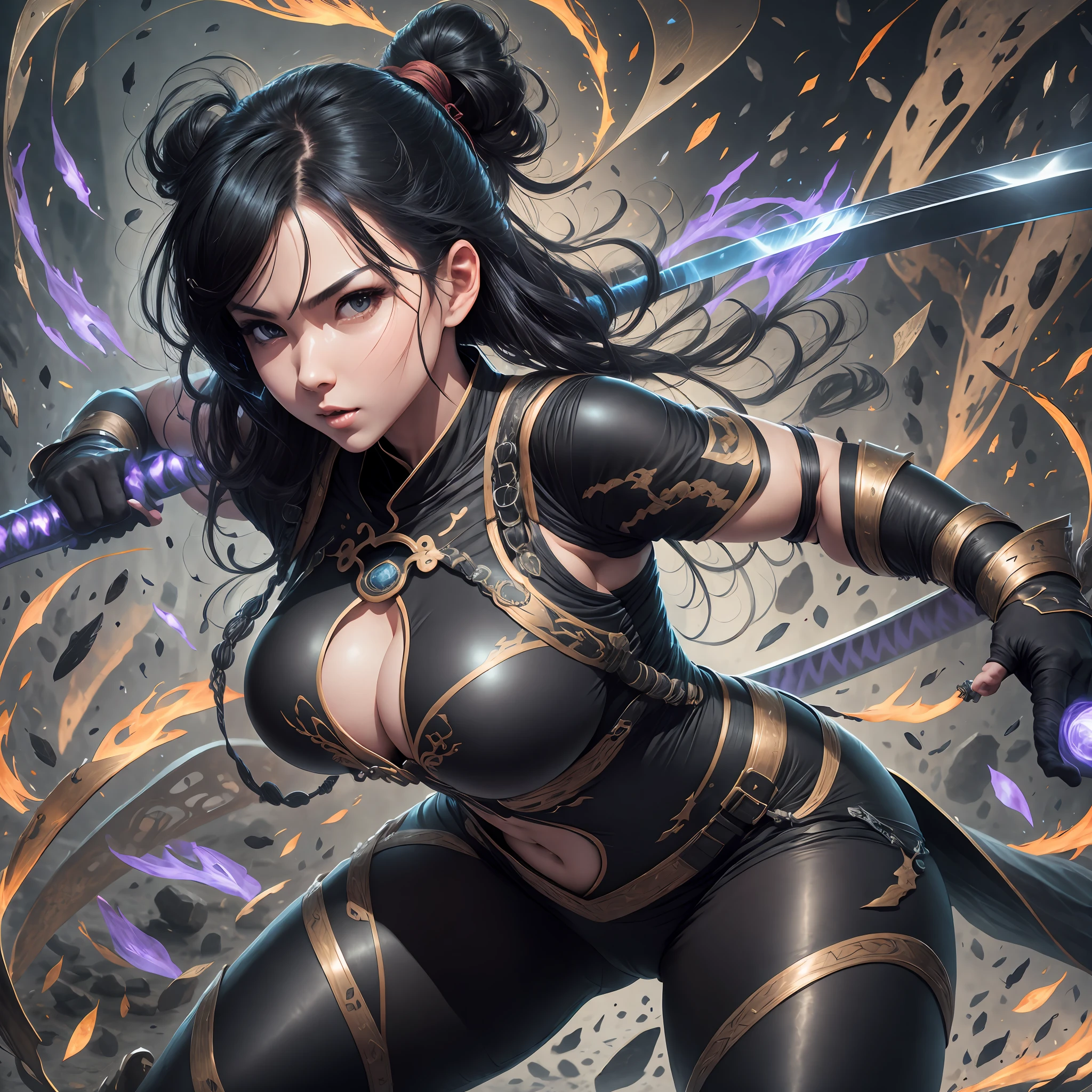 8k high definition, huge natural breasts, ninja body suit, battle pose, black hair, dual katanas on back