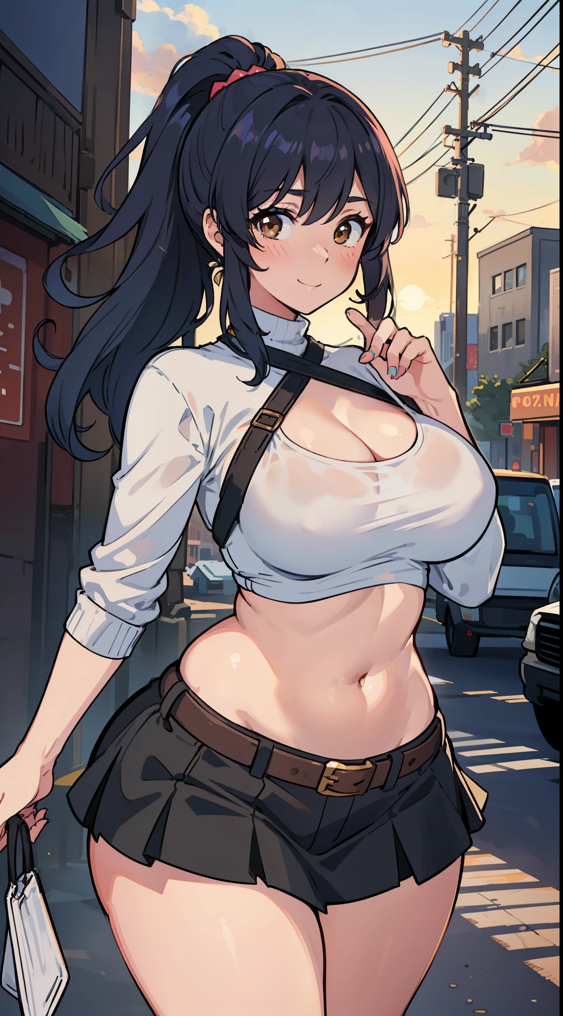 ((masterpiece)), (((best quality))), ((ultra-detailed)), (((illustration))), detailed face, ultra cute face, detailed body, ((1girl)), ((solo)), medium hair, brown hair, ponytail, blue hair tie, brown eyes, smile, blush, looking at viewer, cowboy shot, walking in a suburb, evening, sunset, (black mini skirt), (white crop top), medium breasts, cleavage, perky breasts, ((Thicc)), curvy, ((wide hips)), (thick thighs), chubby female,