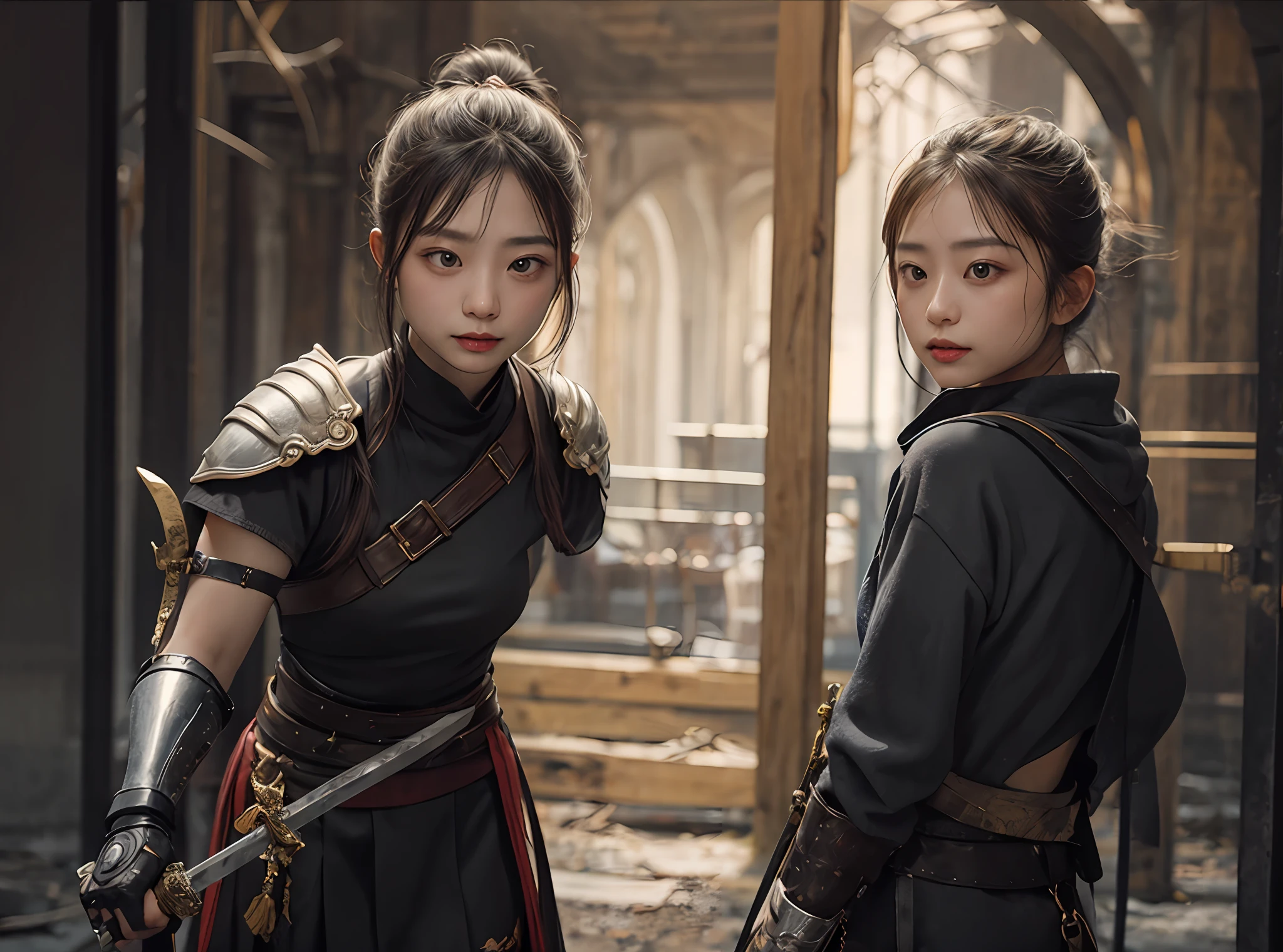 Female Warrior、holding swords、30-year-old woman with