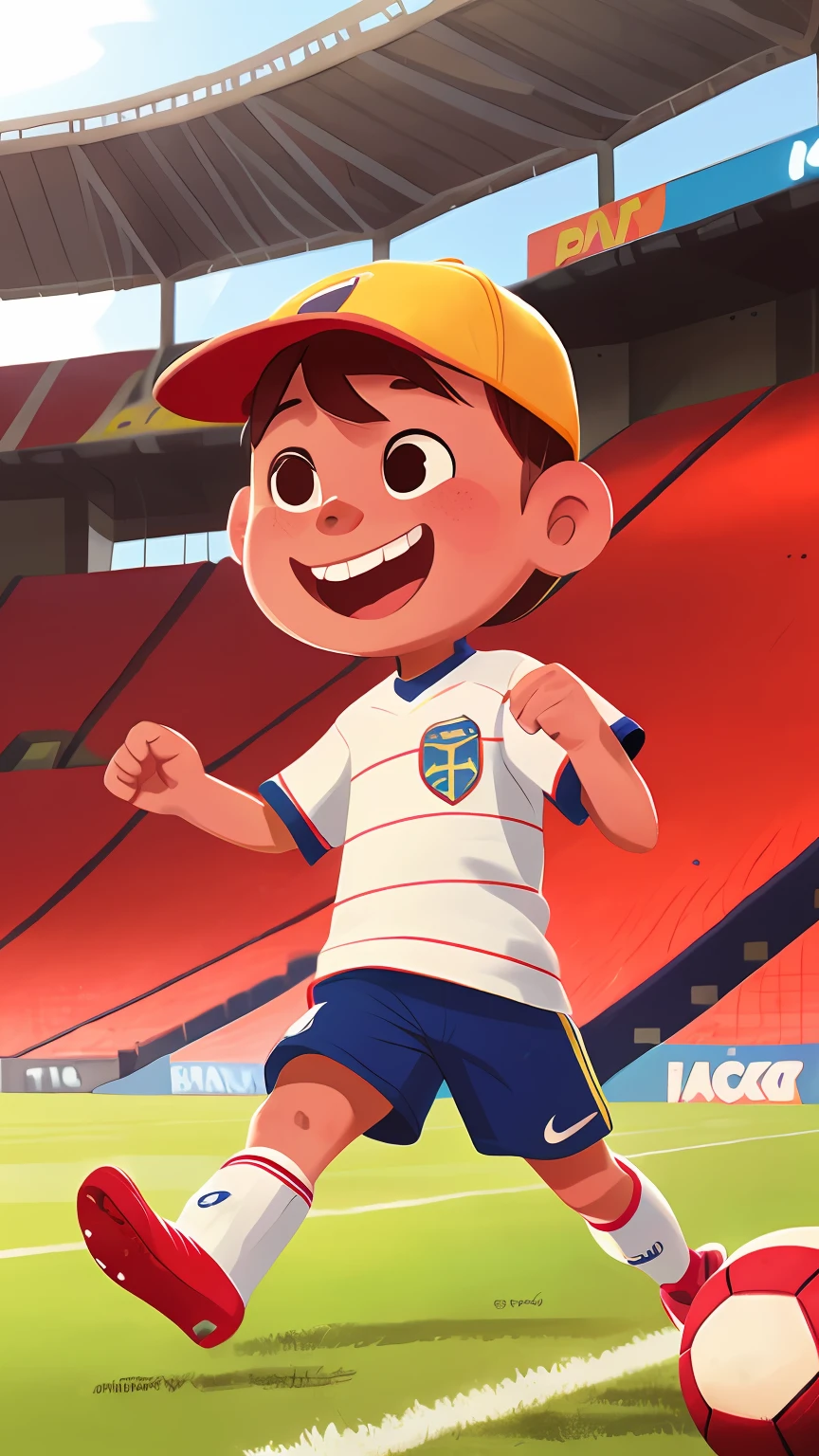 Boy, happy, wearing a cap, playing soccer, in a stadium.