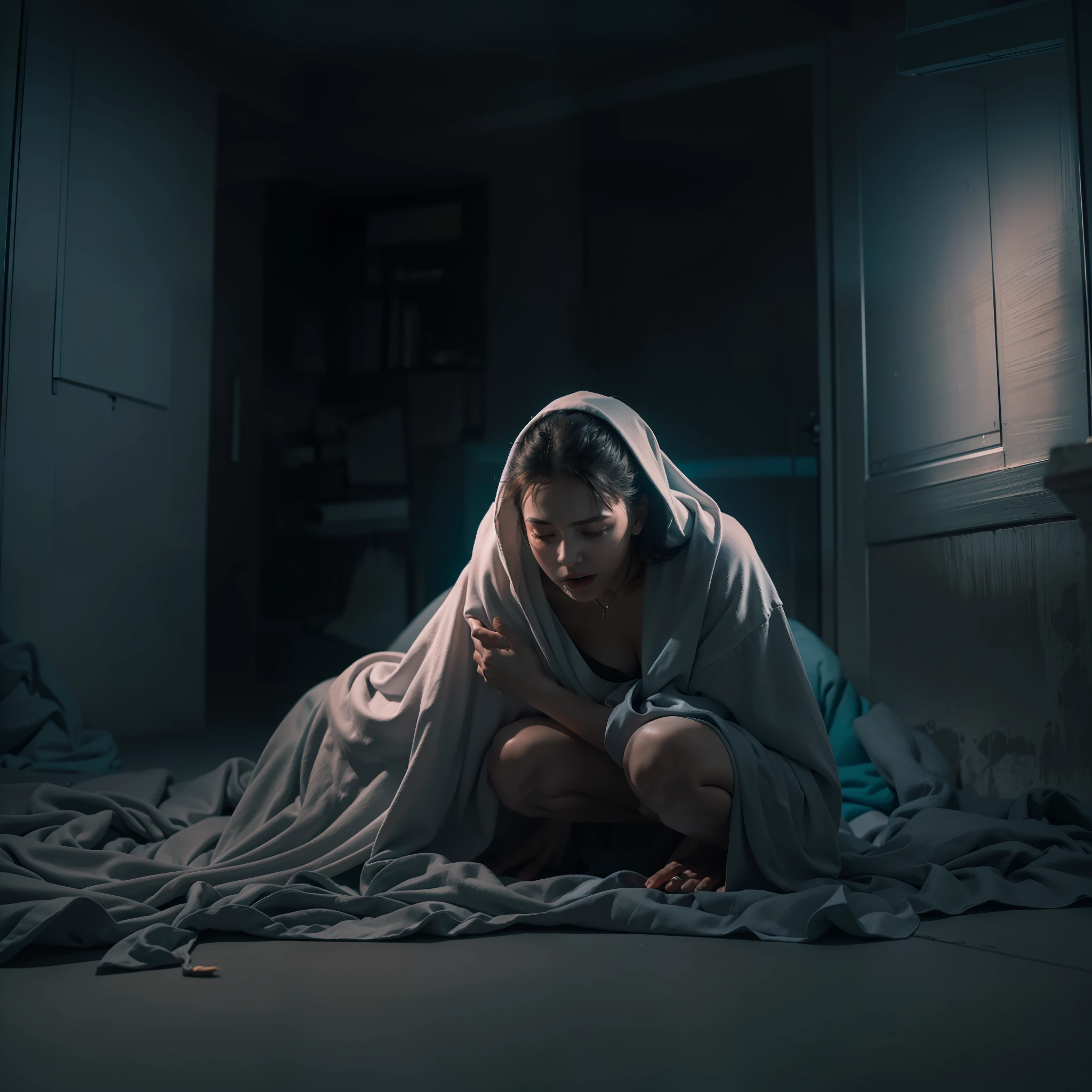 (A terrified woman closing her eyes with a cloth while crouching in the corner of a room), (woman, terrified, cloth, crouching, corner, room, ultra-wide shot, night time,Perfect coloring backgrounds, Epic Cinematic Backgrounds, full body, highly detailed, Perfect composition, optimization colors Palette, color blasting, illuminated lighting blasting, proportions sharpness and shades, illuminated nature lighting, optimization dark and Bright color combinations, perfectly Thin and bold line combination, optimization color effects, masterpiece, dark, best quality, 4k, sharp focus, perfect anatomy, centered.)
