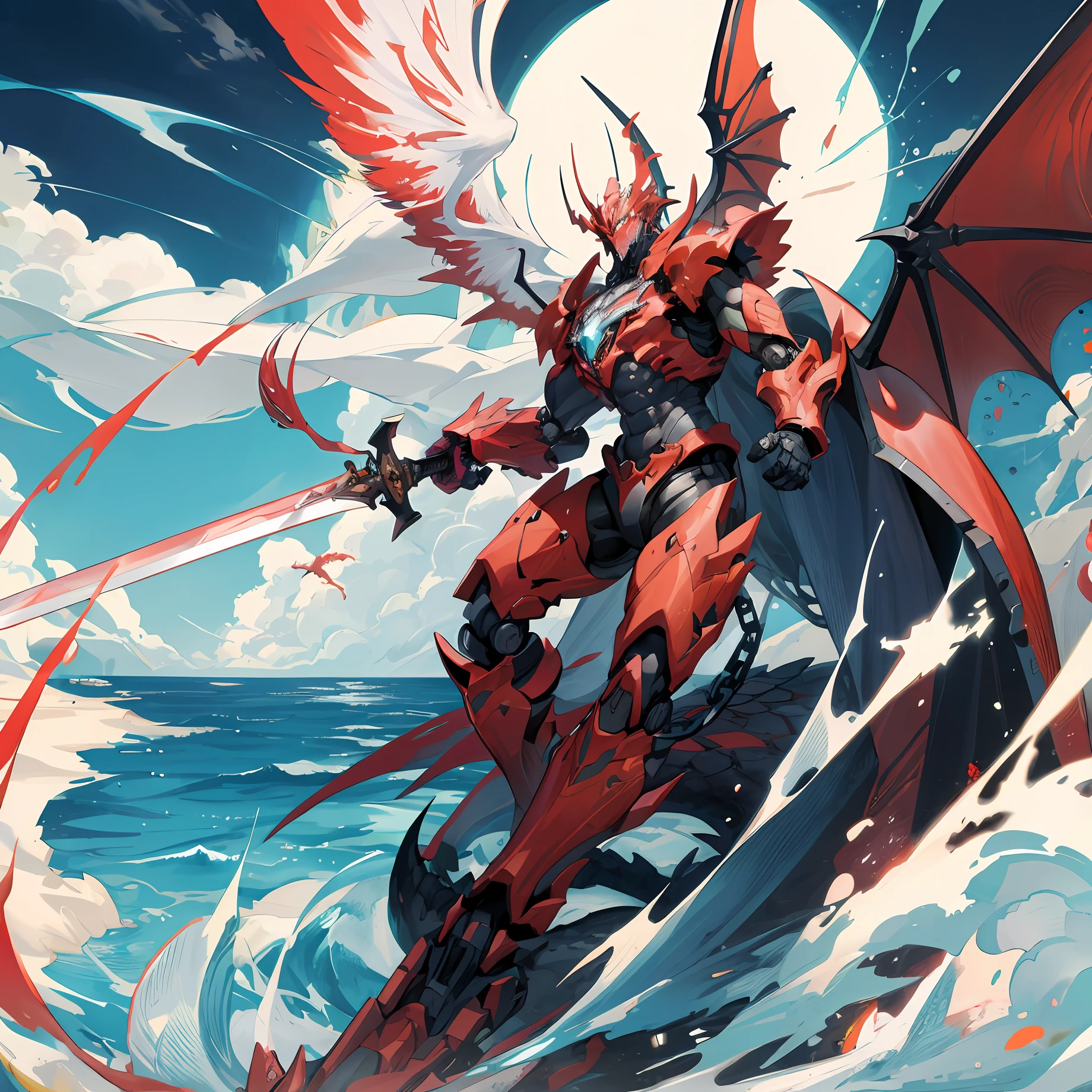 Tall robots against alien monsters，The robot has a red base，White accents，Holding a huge chain sword，Monsters with wings，musculous，Dragon head man，The background is on the ocean，Each injured