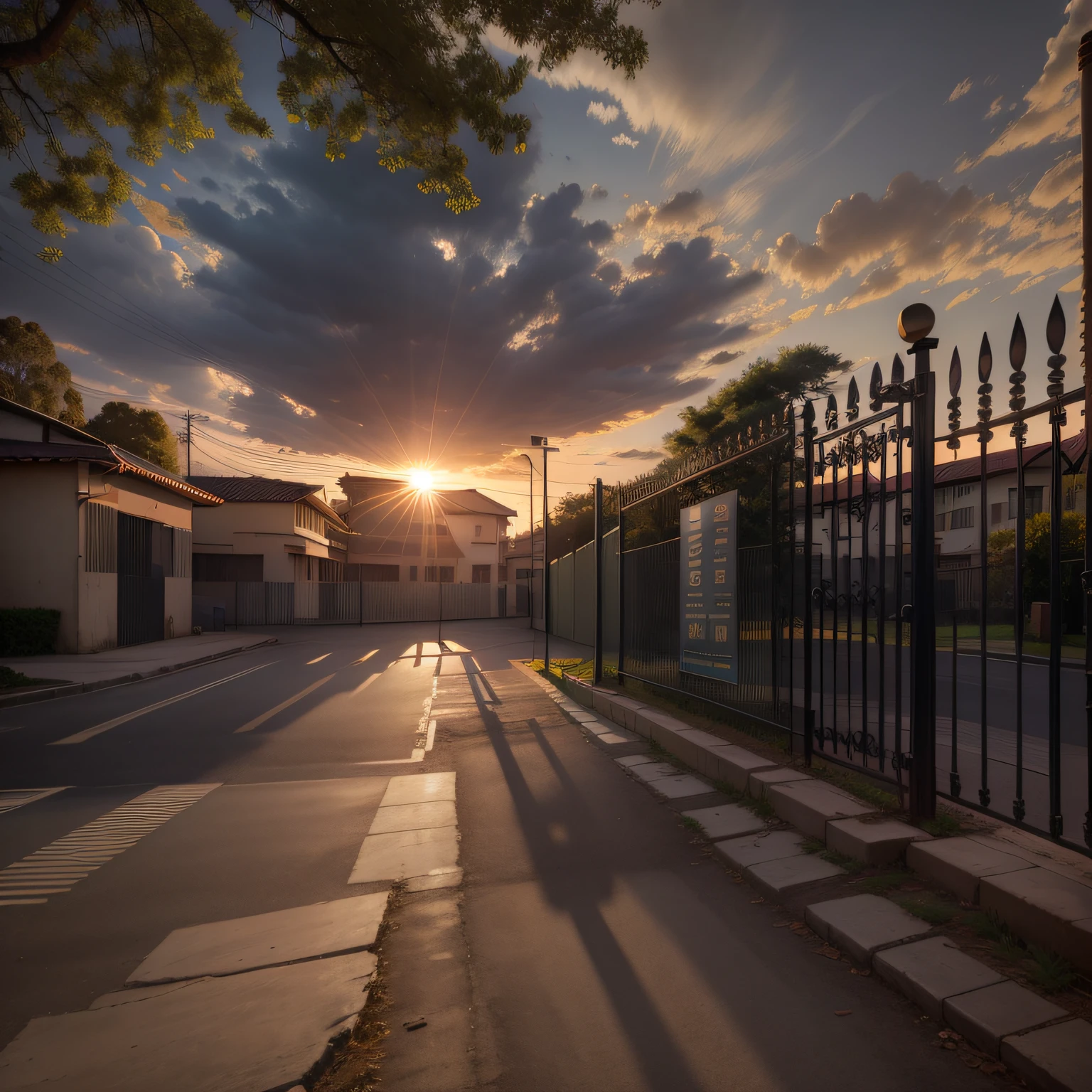 At the school gate,bushi,cinmatic lighting,shadowing,k hd,16k,Sunnyday,suns,fewer clouds,There are no bungalows around