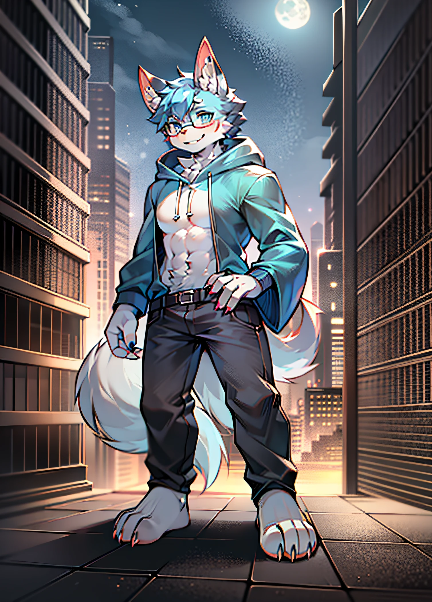 high qulity，The roof of the building，potted，Empty，Modern age city，the night，themoon，solo person，werecreature，No spot，male people，Full body like，Furry cute face，short detailed hair，Dark gray fur，Square frame rounded glasses，Wolf ears，Light gray ear roots，Light red ear tips，The top of the right ear is slightly concave，Deep blue pupils，Big furry wolf tail，The tip of the tail is white，Dark gray limbs and arms，White limbed forearms，Hands droop，Limbs of a wolf，4 toes，There are nails，Looking to the left，Happy emoji，There is a scar on the upper left arm，Height 1.92 meters，Sky blue hooded clothes，Sleeves rolled up，black long pants，stand posture。
