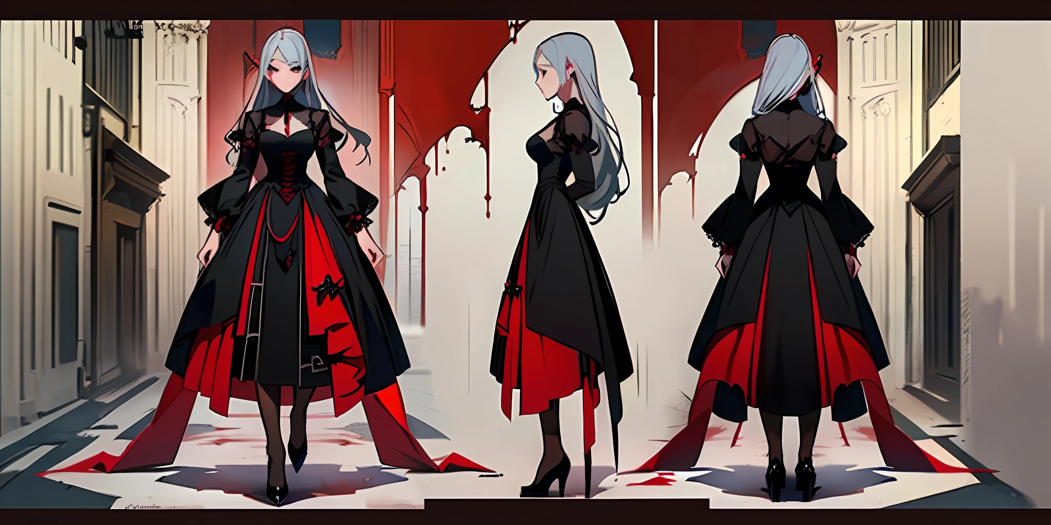 ((​masterpiece)), (((top-quality))), (CharacterDesignSheet, Full body of the same character, front, side, back), illustration、18 year old asian girls face、Gray hair、Long straight hair、Detailed eye、((Gorgeous red and black gothic dress))、((Dracula's daughter))、((deadpan))、Fair skin --6