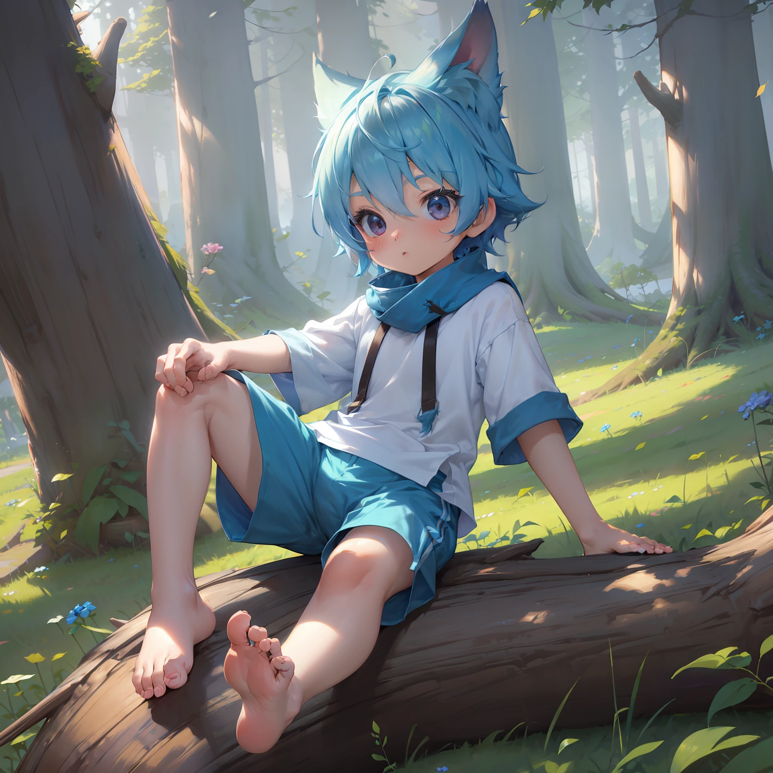 4K), ********** with blue hair and barefoot and blue shorts, Er sitzt auf einem Baumstamm and wiggles his toes, Regentag, Nebel Licht, Impressionismus, 2D, (Dornen: 1.1), (toter Baum: 1.1) Focused on the feet,