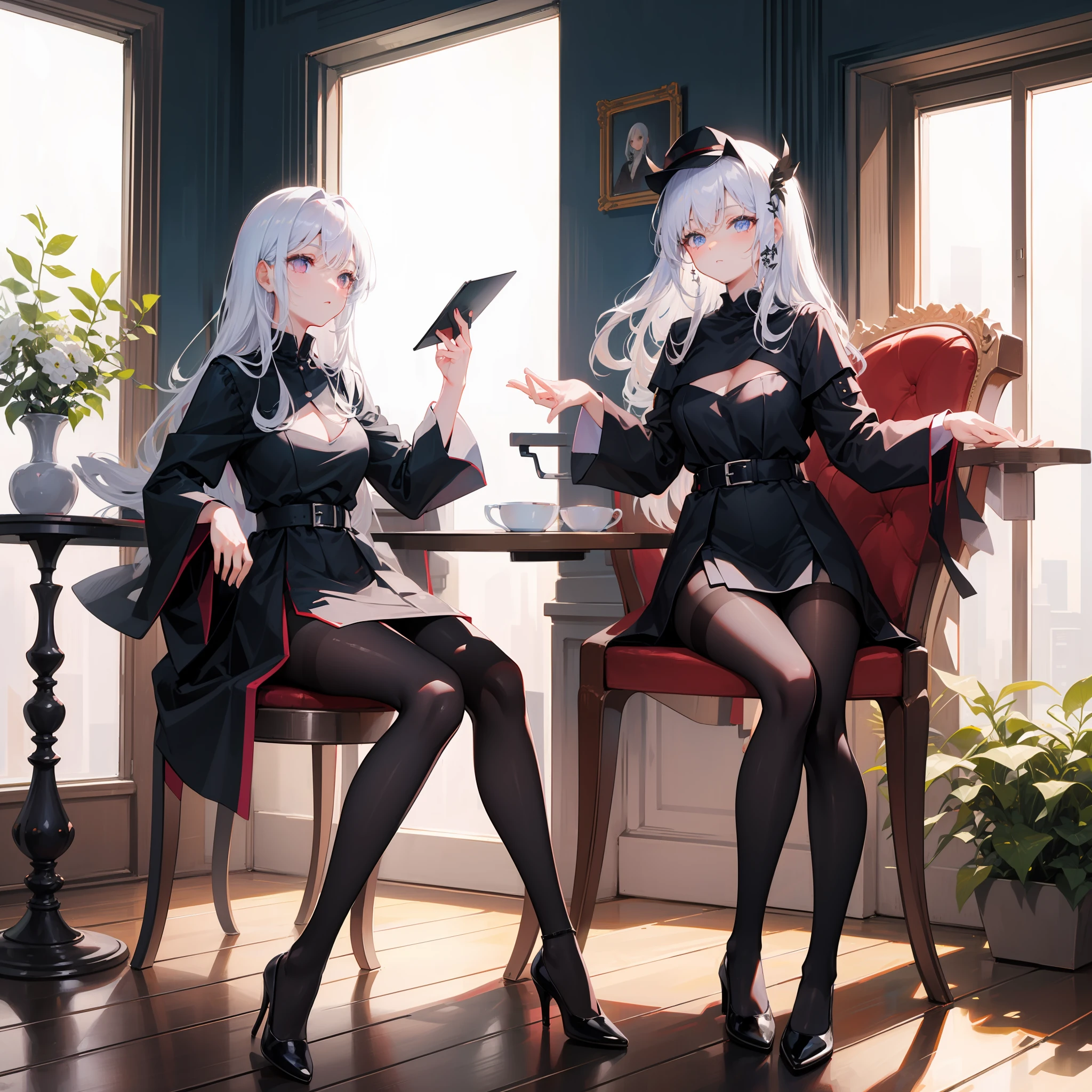 long  white hair，黑The eye，Black translucent dress，black pantyhoses，white Heels，sit on chair，looking at viewert