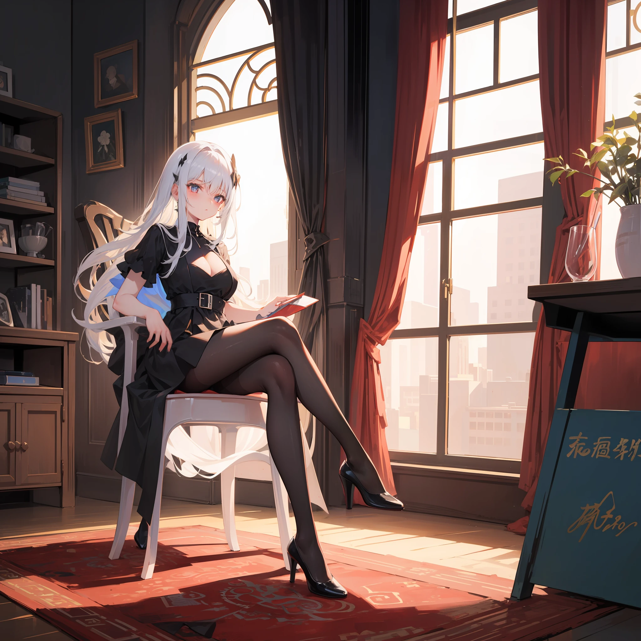 long white hair,黑The eye,Black translucent dress,black pantyhoses,white Heels,sit on chair,looking at viewert