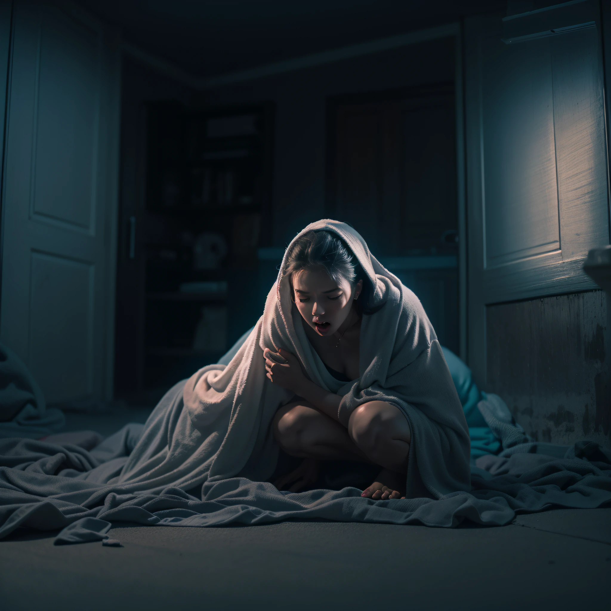 (A terrified woman closing her eyes with a cloth while crouching in the corner of a room), (woman, terrified, cloth, crouching, corner, room, ultra-wide shot, night time,Perfect coloring backgrounds, Epic Cinematic Backgrounds, full body, highly detailed, Perfect composition, optimization colors Palette, color blasting, illuminated lighting blasting, proportions sharpness and shades, illuminated nature lighting, optimization dark and Bright color combinations, perfectly Thin and bold line combination, optimization color effects, masterpiece, dark, best quality, 4k, sharp focus, perfect ???????, centered.)