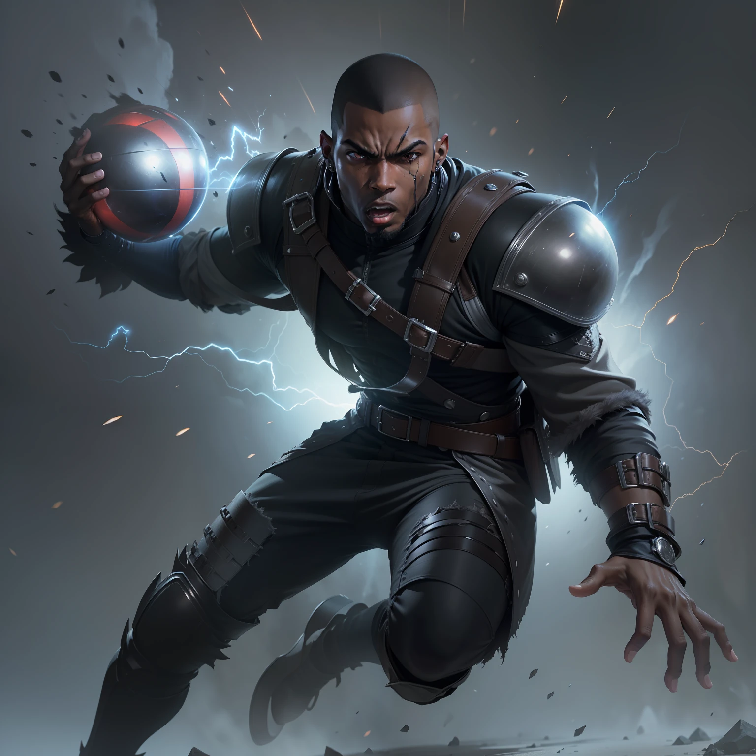 Realistic image of strong 22 year old black male, side-shaved hair, scared expression, dressed in black rpg-style costume with silver shoulder pads, attacking with a conjured energy sphere