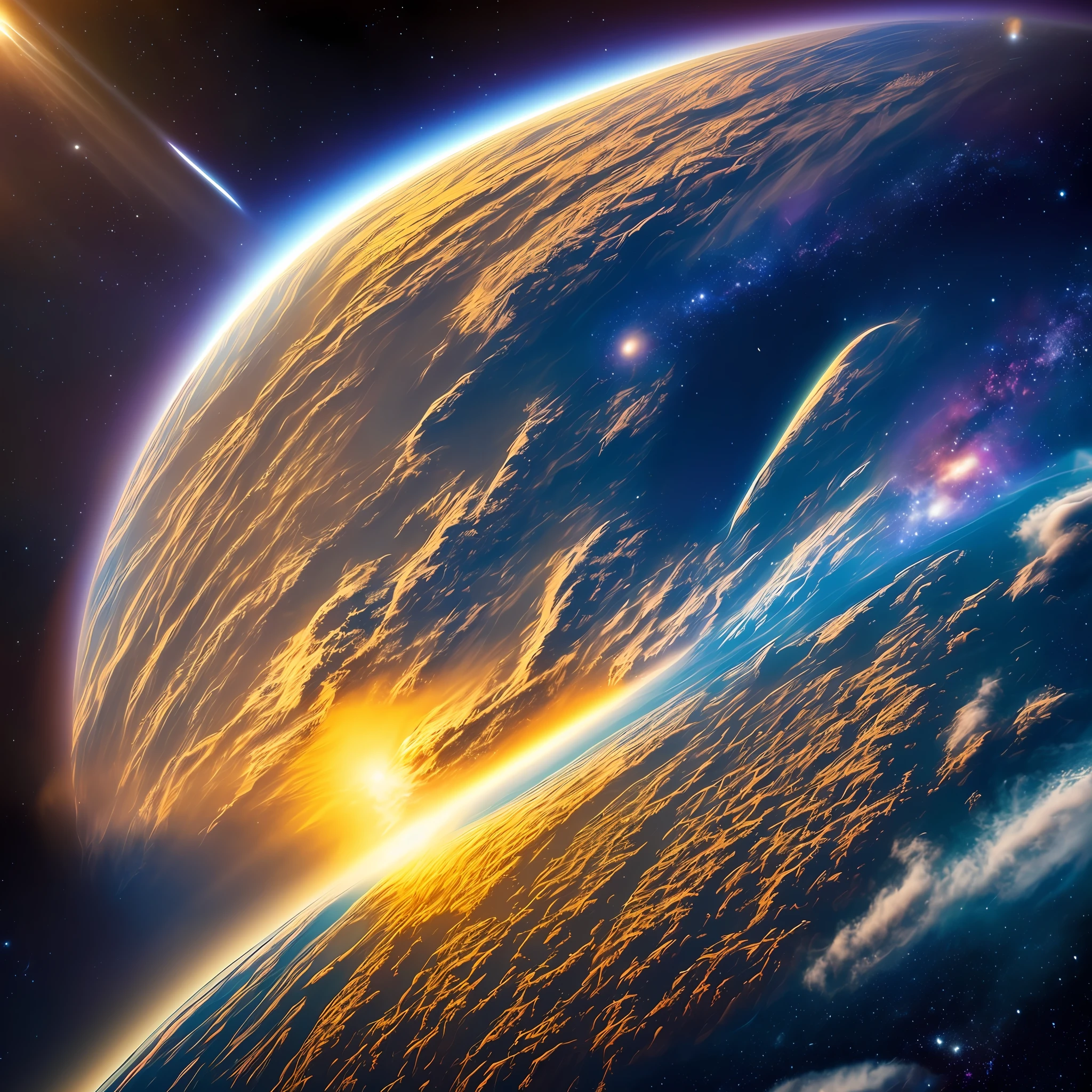 Earth seen from space, bright beams emerge from clouds, arcs of light, Spiral halo, blue, Klein blue, David Hardy, matte painting, detailed matte painting, Space Art —ar 9:16 —v 4 --auto