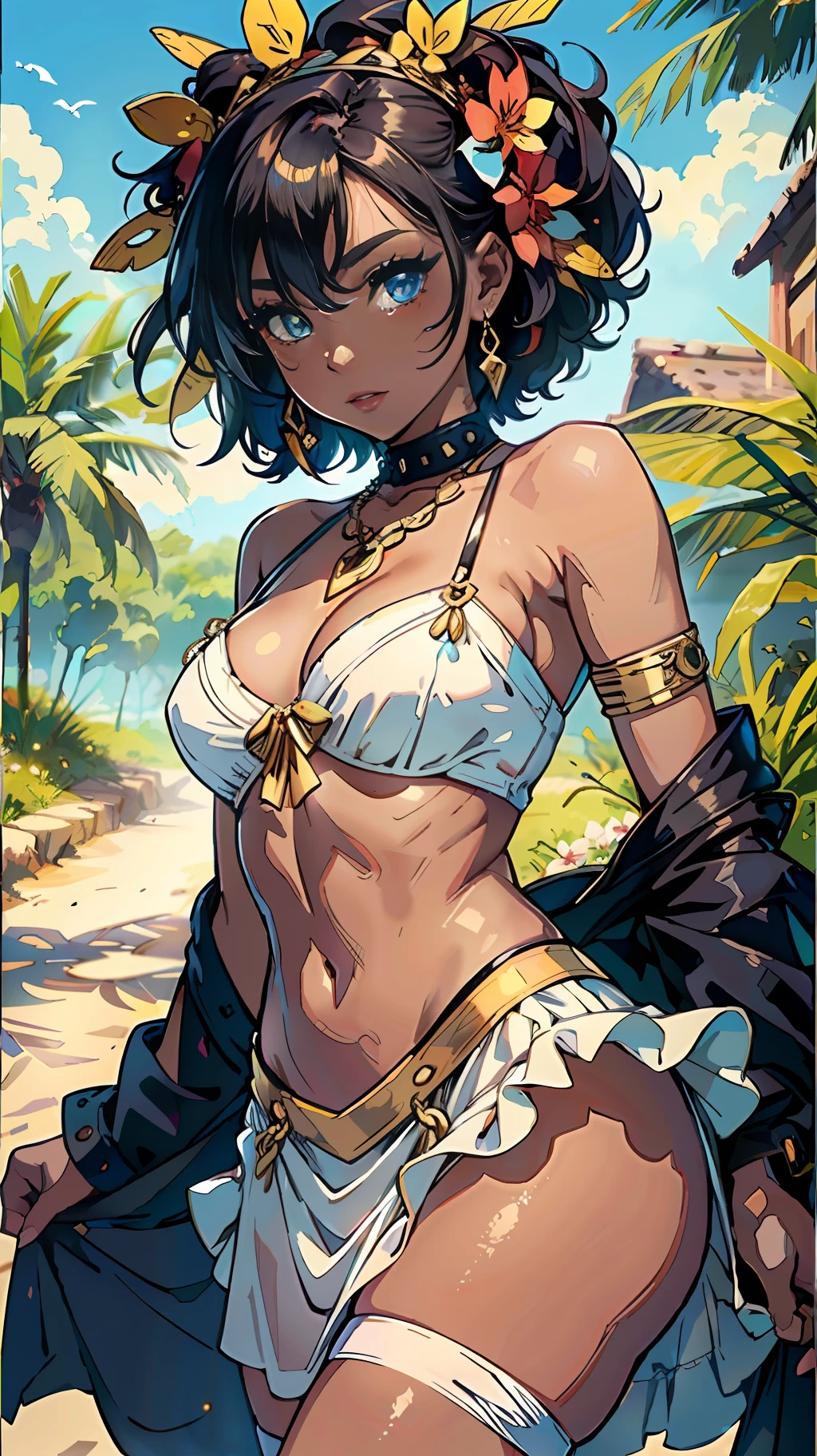 (masterpiece:1.2)、(top-quality:1.2)、perfect eyes、face perfect、Perfect litthing、Photo Shot、1girl in、nffsw、darkskinned、Lower breast、a navel、Strengthened abdomen、colorful tribal dress、((Revealing dresses))Head dress、makeup、eyeshadows、short-cut、oasis、Desert detail outdoor background、lev、profetional lighting、((Skirt fluttering in the wind))、((white panty))