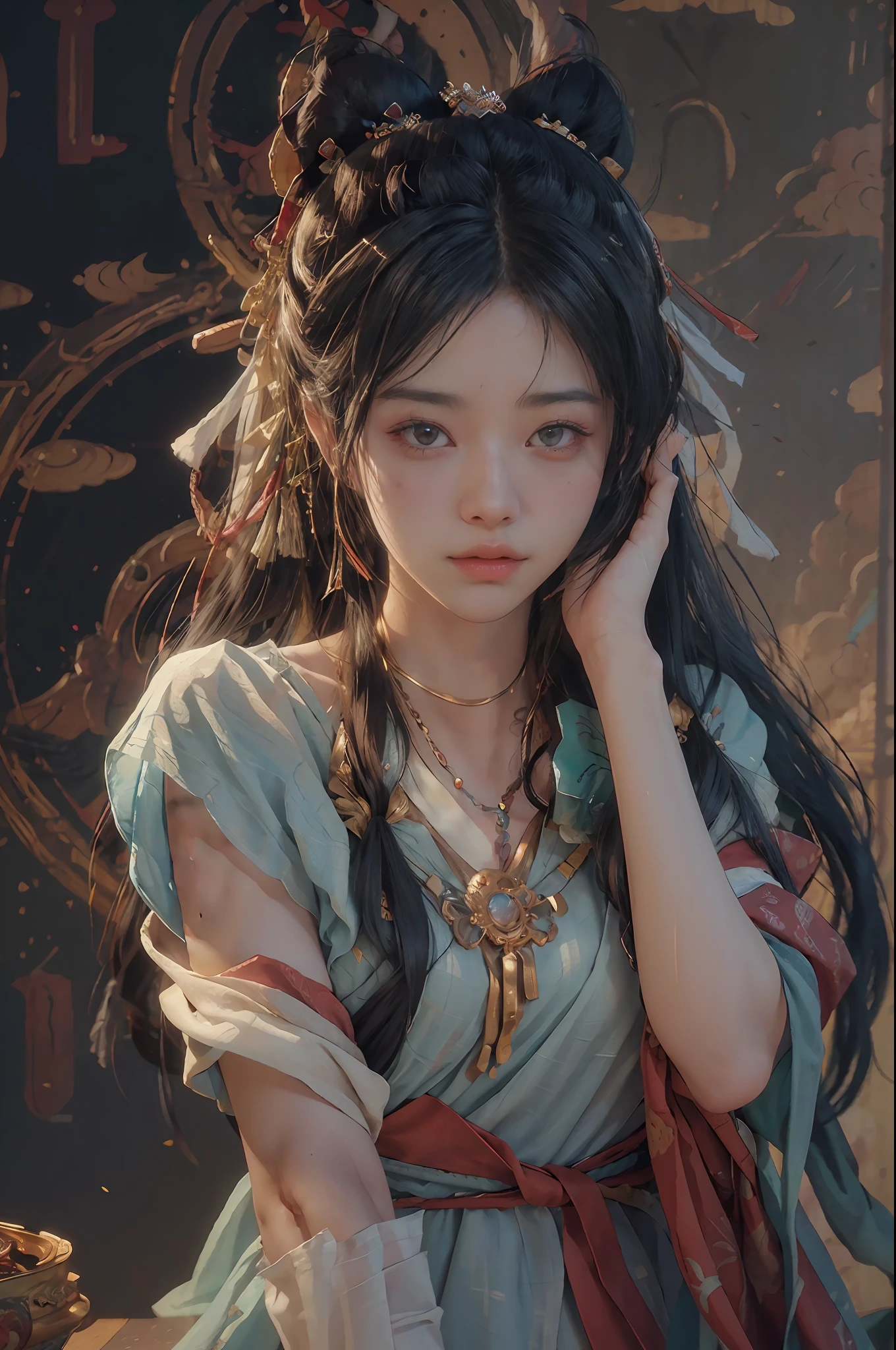 (RAW photo, best quality), (realistic, photo-realistic:1.3),best quality,highly detailed,masterpiece,ultra-detailed,illustration,1girl,upper_body,dynamic angle,world masterpiece theater,messy_long_hair,best quality,extremely detailed CG unity 8k wallpaper,ink,Amazing,cinematic lighting,lens_flare, dunhuang_style
