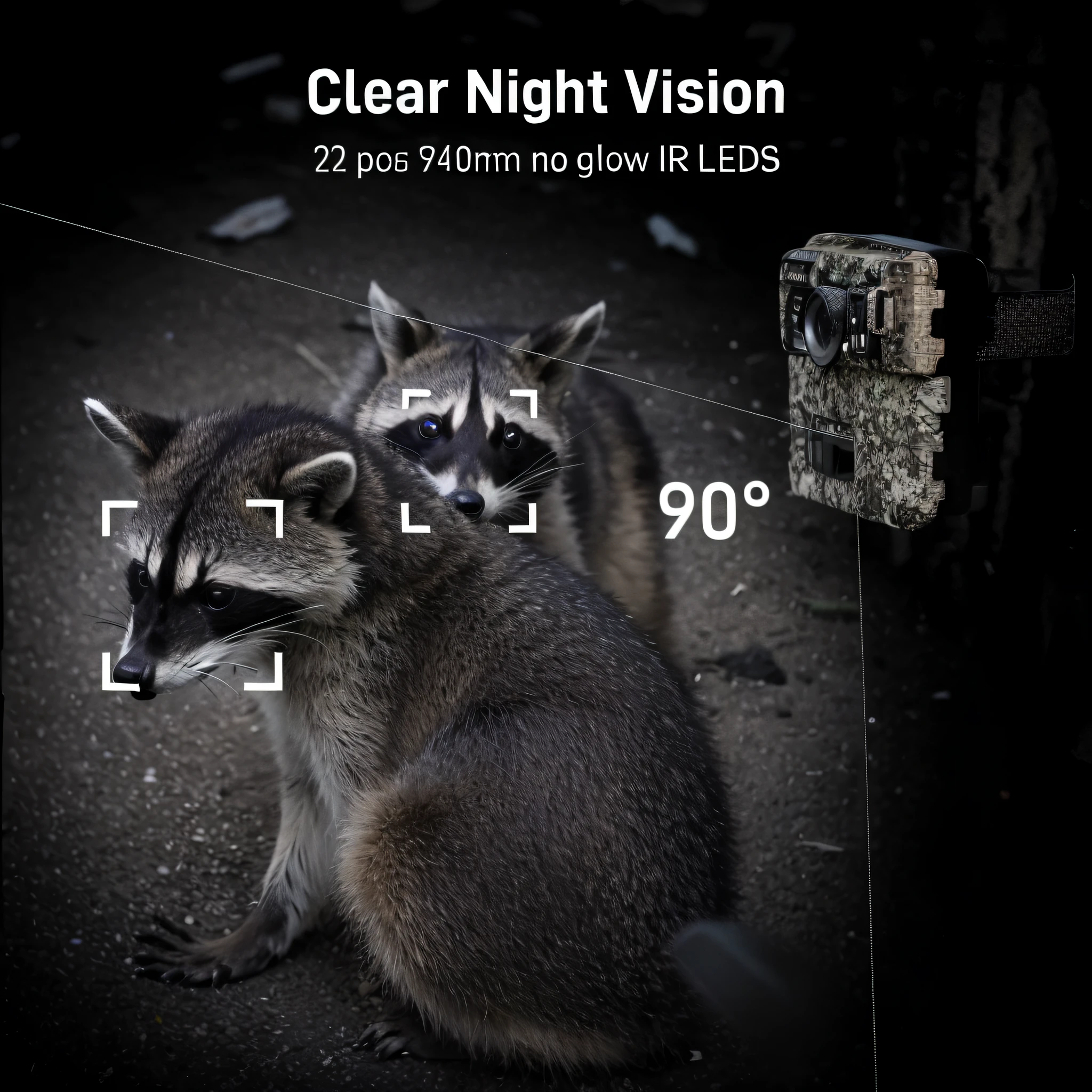 Arad image of a raccoon with a camera on its back, 1 0 8 0 p, 1080p, Track the camera, high-resolution details, 24mp, 2 4 miles/sec, detailed wide shot, 7 2 0 p, 720p, Night camera, clear detailed view, night vision, 1 2 0 0 dpi