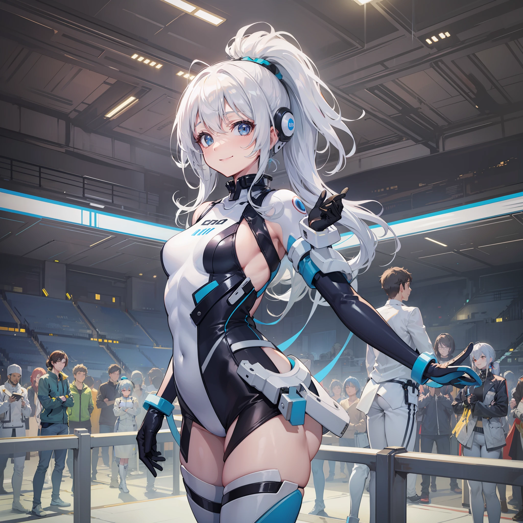 Blue ponytail,White sci-fi one-piece battle suit,white long gloves,white long boots,Sexy standing pose,Look at the audience with a smile