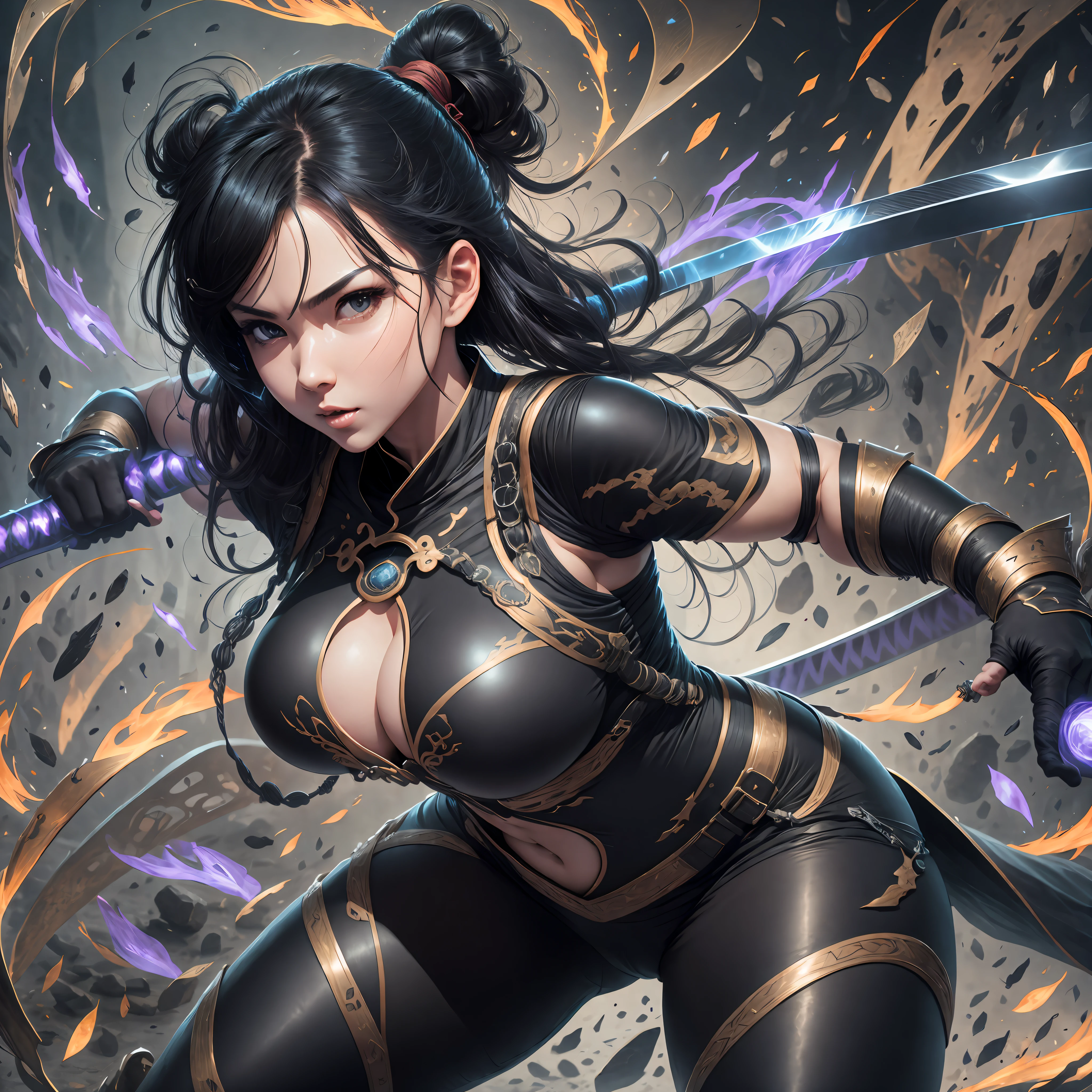 8k high definition, huge natural breasts, ninja body suit, battle pose, black hair, dual katanas on back