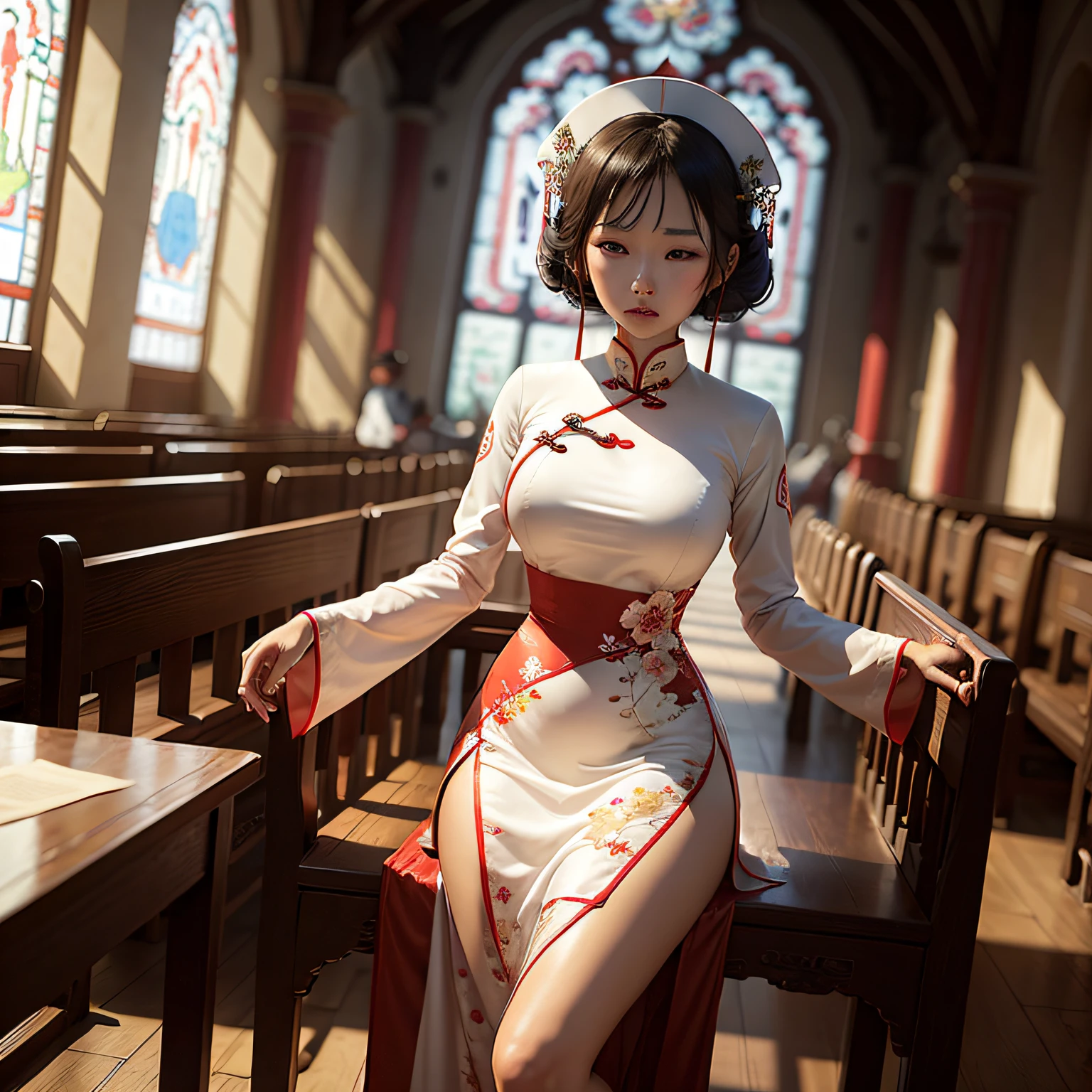 In the church there is a Chinese woman dressed in a cheongsam, Verism, bit tits --auto