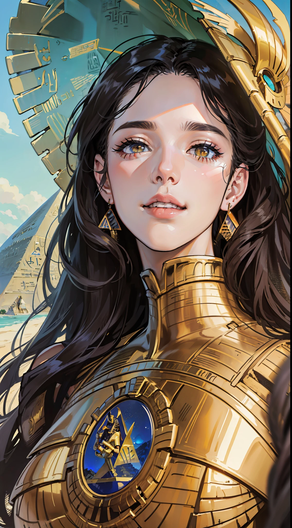 best quality, masterpiece, photorealistic photo, intricate details, raw photo, photon rendering, octane rendering, absurd, ultra detailed, detailed face, detailed skin, trend in artstation, 8k masterpiece, cinematic lighting, ((1girl)),((solo)),((looking_at_viewer)),trending on cg society,plasticien,((black long hair)),((beautiful woman)),(Smile),(((Egyptian pyramid))),wind blowing hair, ((flowing hair)), happy, fashion magazine,