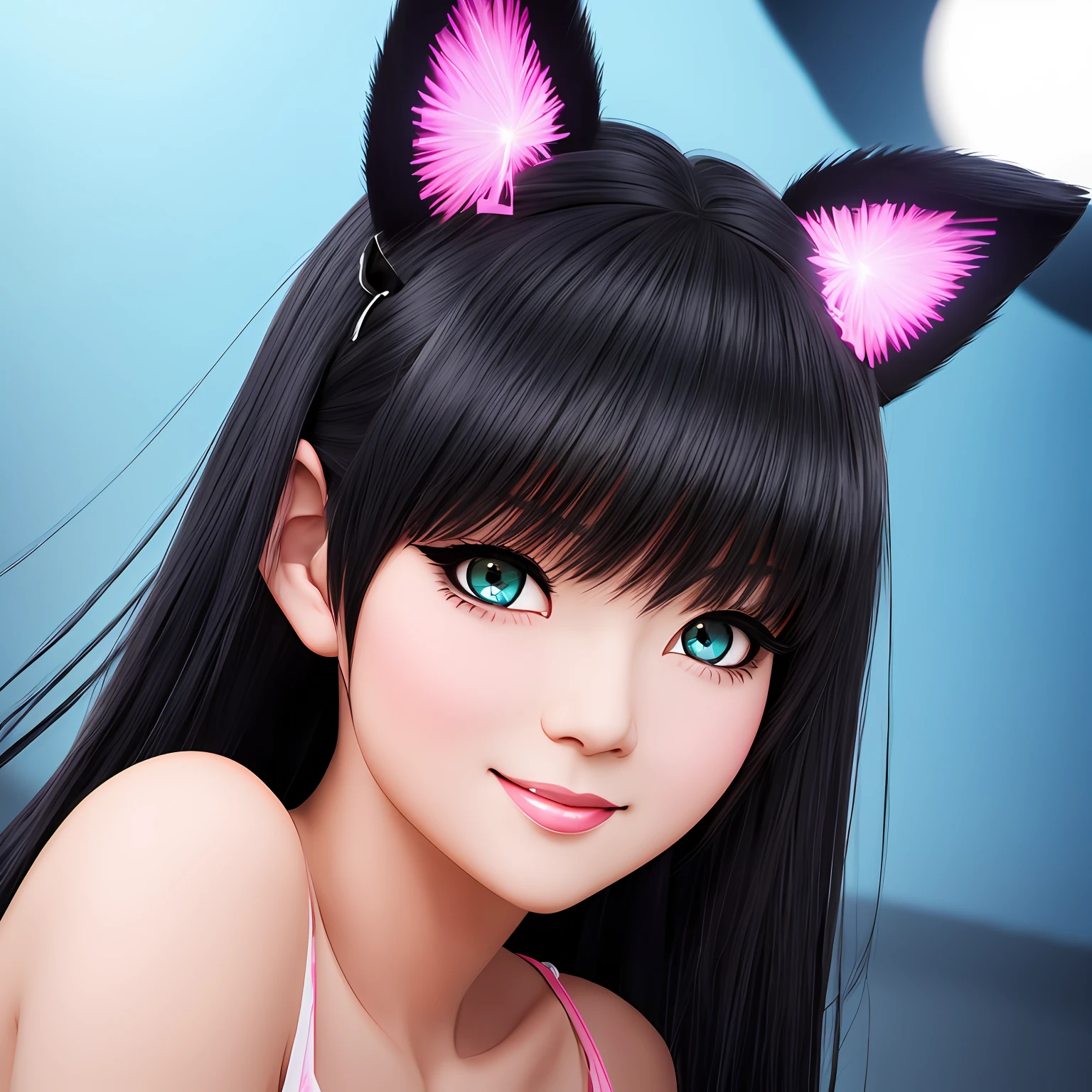 black hair, hair bobbles, wince, longeyelashes, solid circle eyes, fake animal ears, light smile, ear blush, fang, Surrealism, drop shadow, anaglyph, stereogram, tachi-e, pov, atmospheric perspective, 8k, super detail, ccurate, best quality --auto