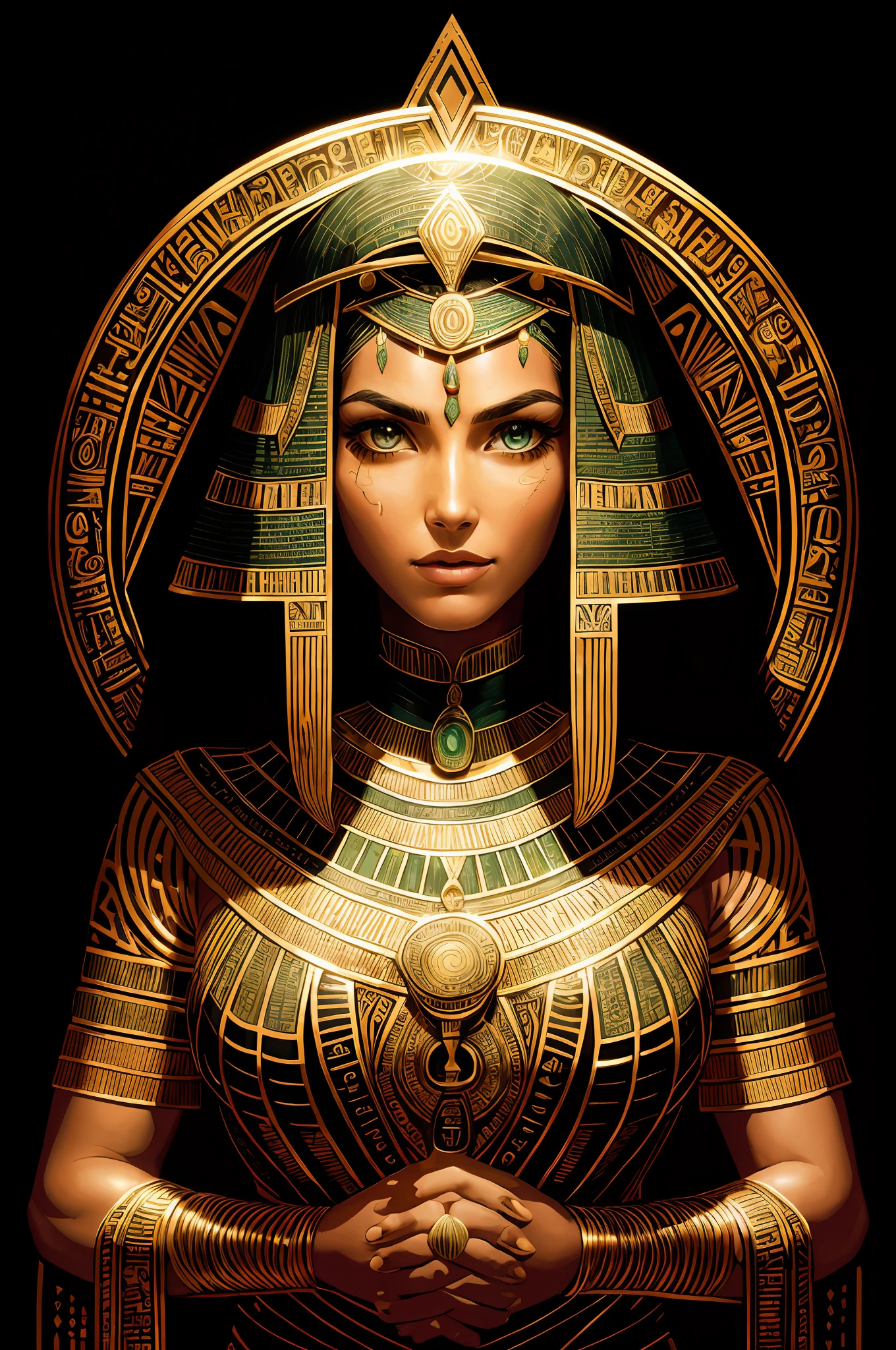 1 adult Egyptian woman, Green Eyes, Black-haired flap, portrait of a, Solo, upper half body, looking up at viewer, detailed background, Detailed face,  OldEgyptAI, Ancient Egyptian Theme,  Wild Jungle Warrior, Pink tribal clothing, obsidian, Defensive stance, Stone knife, Bushes, Poisonous plants, rock formations,  Humid climate, A dark, cinematic atmosphere,
The Chamber of Darkness, a faint light (zentangle, mandalas, tangle, entangle), (Golden and green tones:0.5)
(35mm Style:1.1), electric wires, Masterpiece, 1970s films, , Cinematic lighting, Photorealistic, High-frequency details, 35mm film, (film grain), Film Noise,