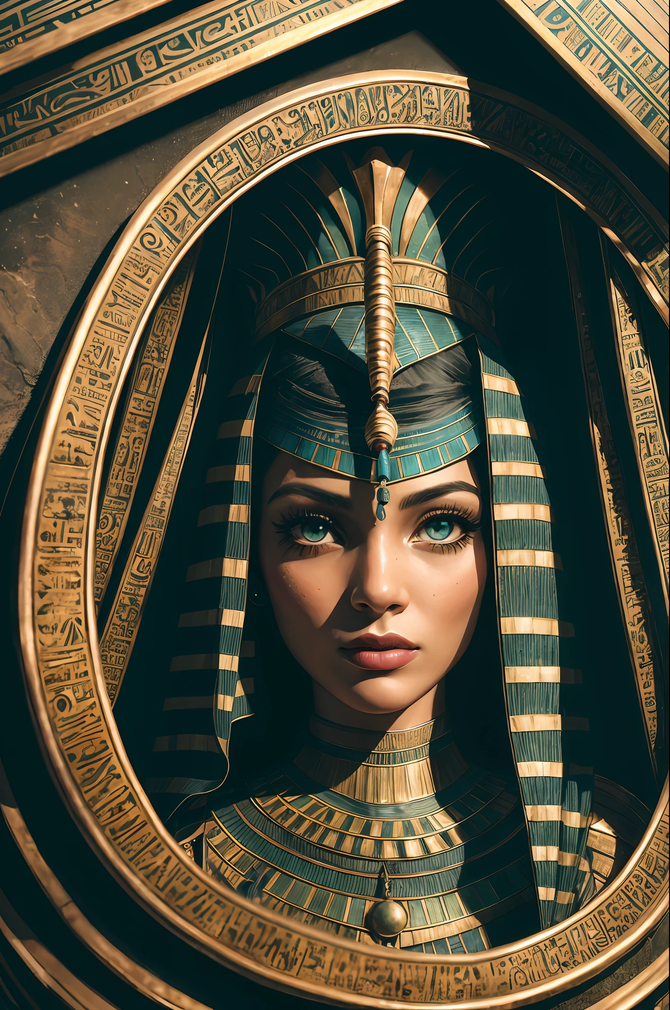 1 adult Egyptian woman, Green Eyes, Black-haired flap, makeups , upper half body, looking up at viewer, detailed background, Detailed face,  OldEgyptAI, Ancient Egyptian Theme,  Wild Jungle Warrior, obsidian, ((Defensive stance)), Stone knife, Bushes, Poisonous plants, rock formations,  Humid climate, A dark, cinematic atmosphere,
The Chamber of Darkness, a faint light, (zentangle, mandalas, tangle, entangle:0.5)
(35mm Style:1.1), electric wires, Masterpiece, 1970s films, , Cinematic lighting, (Photorealistic:1.5), High-frequency details, 35mm film, (film grain), Film Noise,