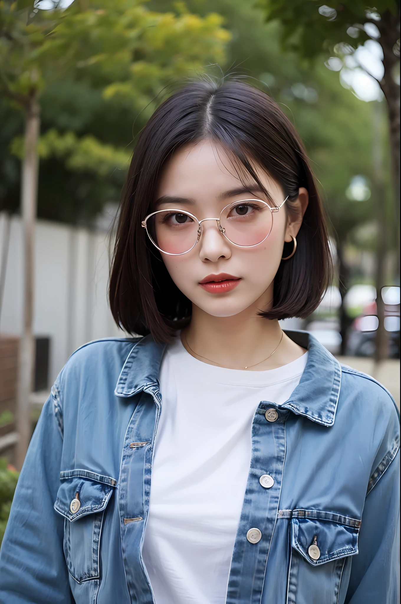 （Highly detailed body，Highly detailed face，Best quality at best：1.2） ，A woman who is，looki at viewer，（whitet-shirt，denim pant），（Pink bougainvillea chaos in the background：1.4），wears dark glasses