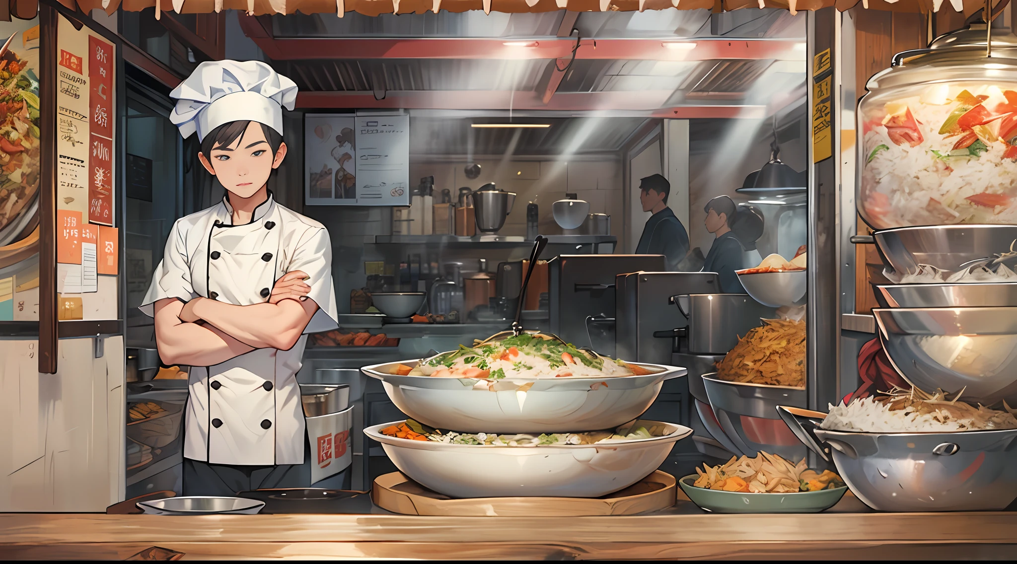 A young and promising male chef stands in front of a stall, The bowl in hand is filled with delicious fried rice，Numerous viewers watched eagerly，With anticipation，drools. ,in the style of the stars art group xing xing, 32K, Best quality, Masterpiece, Super detail, High details,