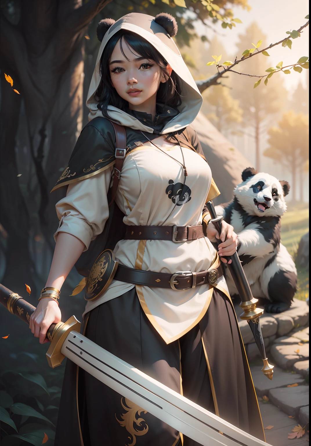 beautiful woman facing the camera black hair asian eyes, wearing a black and white panda hood holding a gleaming sword silver and gold Masterpiece, best quality, high quality, highly detailed CG unity 8k wallpaper beautiful landscape oil painting, award winning photography, bokeh, depth of field, HDR, bloom, chromatic aberration, photorealism, highly detailed, trending on artstation, on CGsociety Trending, intricate, high detail, dramatic, midjourney art and masterpiece, best quality, high quality, extremely detailed CG unity 8k wallpaper lush summer landscape with rolling green hills stretching towards the horizon, dotted with pink, yellow wildflowers, and purples, volumetric lighting and masterpiece, best quality, high quality, extremely detailed CG unity 8k wallpapers serene autumn landscape surrounded by trees in shades of golden yellow, fiery red and burnt orange. The crisp air is laced with the sweet aroma of fallen leaves and wood smoke. The ground is covered with a golden folia --auto