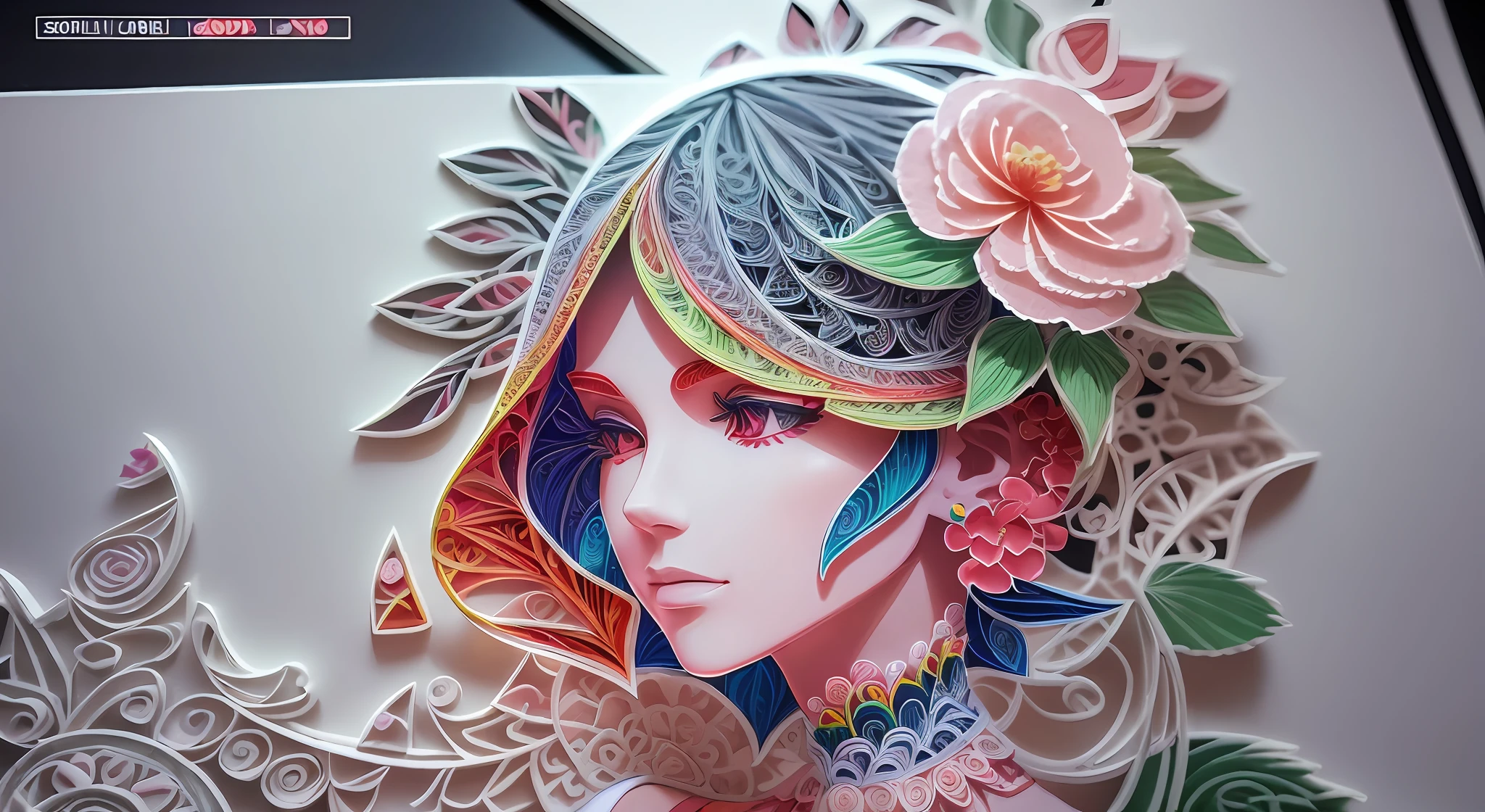 (hologram:1.5),(The silhouette of a beautiful woman:1.3),(Colorful Begonia:1.2),in the Autumn,White background,paper art,(quilling paper art:1.5),(zentangle:1.2), (geomerty:1.2),a 3D render,extremely detaile, Cinematic lighting effects,4K,Masterpiece,