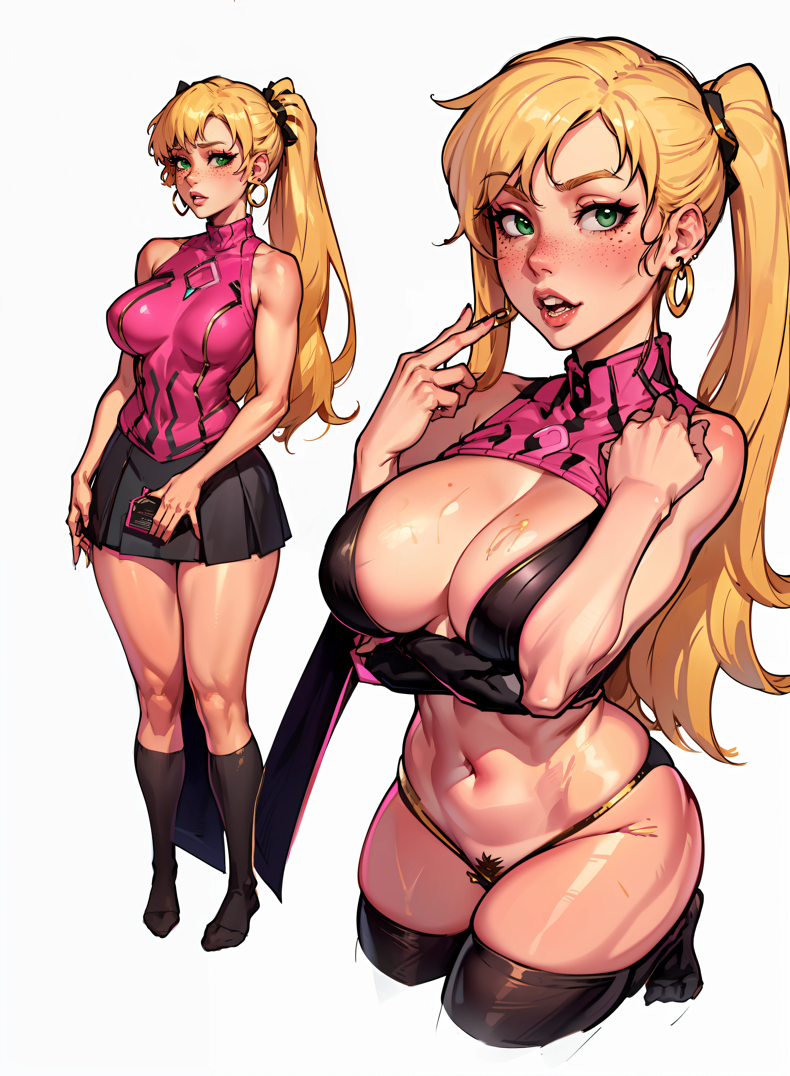 1girl, solo woman, 1 person, single person, woman with a ((PINK)) sleeveless turtleneck sweater, short ((PINK)) skirt, full body portrait, girl fanart, !!full body portrait!!, fullbody portrait, full body character portrait, full-body character portrait, detailed full body, full body illustration, anime full body illustration, anime style character, blonde hair, hairstyle: Pigtails, white thighhigh socks, green eyes, freckles, ((GOLD)) hoop earings, ((no item in hands)) ((ECCHI)) ((LEWD)) ((naughty)) ((Showing skin)) ((Showing chest)) ((Open chest)) ((WHITE BACKGROUND)) white background, 4k resolution blank background, White backdrop