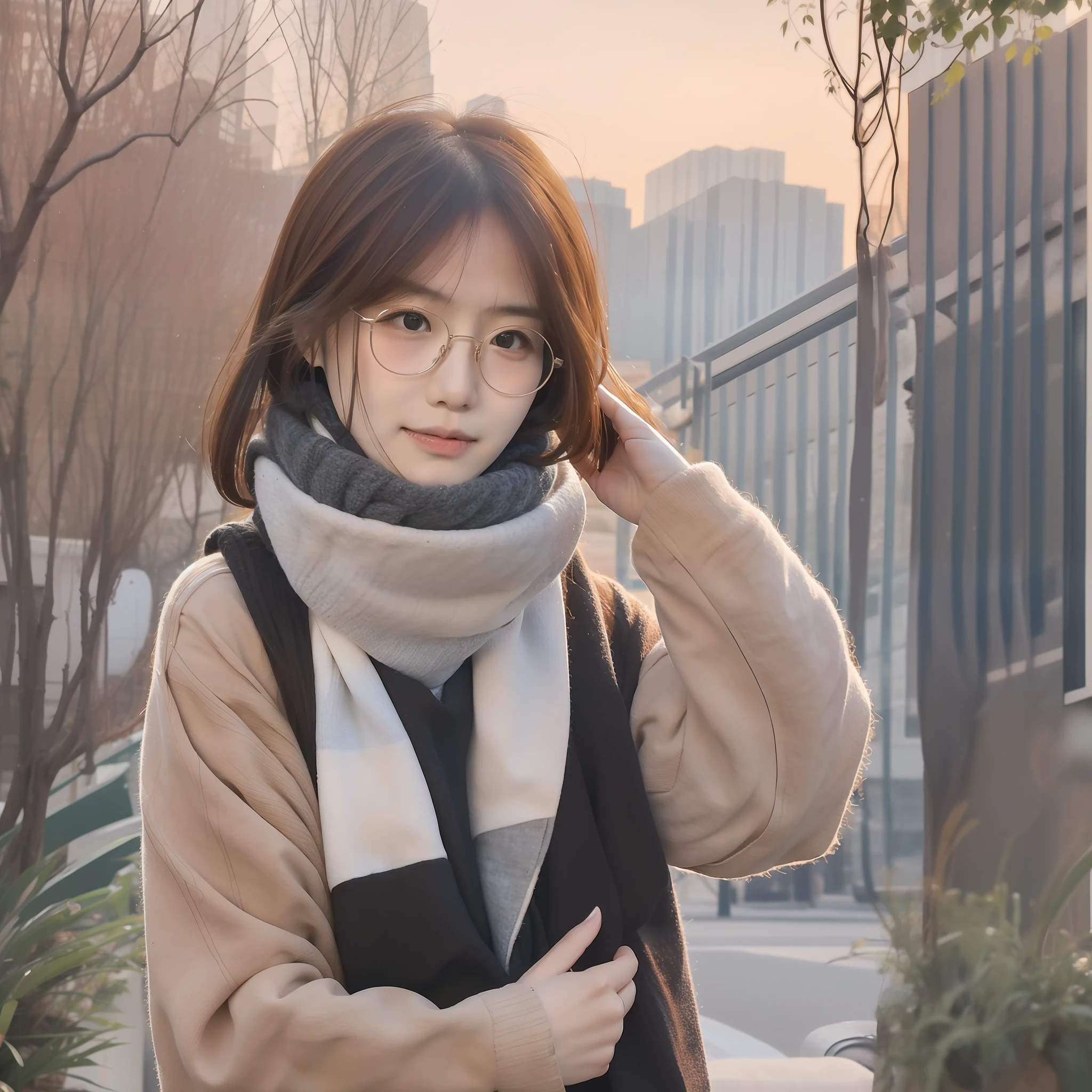 Chinese women,mature,sedate,Goddess of the sun,Hairstyle brown 28 distribution type,Brush your hair with your hands,The expression is shy and shy,round frame glasses,Bring a watch,Delicate facial features,In the study,Wear a scarf