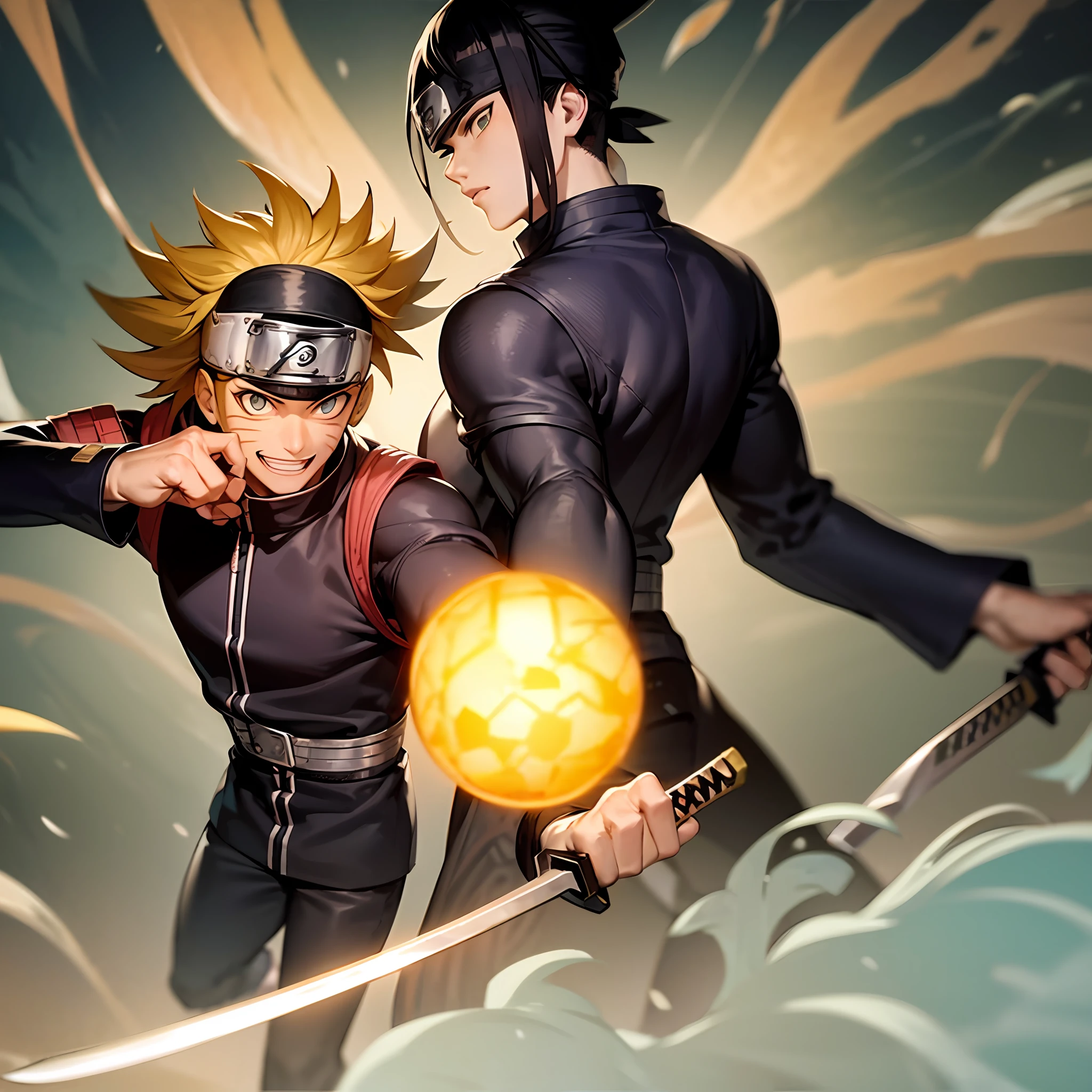 Naruto with abdomen, rasengan in hand with sword inside the Sudano "maior quantidade" "anime"