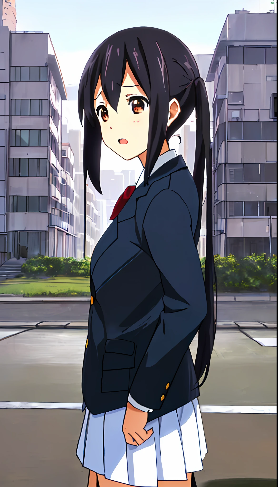 1girl, ((((Masterpiece))), Best Quality, Best Quality, High Detail, Azusa Nakano, 1girl, Sakuragaoka High School Uniform, Musical Instrument, School Uniform, Twin Tails, Long Hair, Black Hair, Brown Eyes, Solo, Red, Dark blue blazer with a thin ribbon of red, Solid white button shirt under blazer, Illustration, Cartoon, Soothing tones, Muted colors, Soft cinematic light, Adobe Lightroom, Photo Lab, HDR, complex and highly detailed, (((depth of field))))). (((Masterpiece))). (((highest quality))).) ((super detail))). (((Illustration))). (((外))).dynamic focus.small breasts. (((skyscrapers))). (((Cityscape))). (((Face of sadness))). open mouth. (((hands on hips))). (((Proud))).