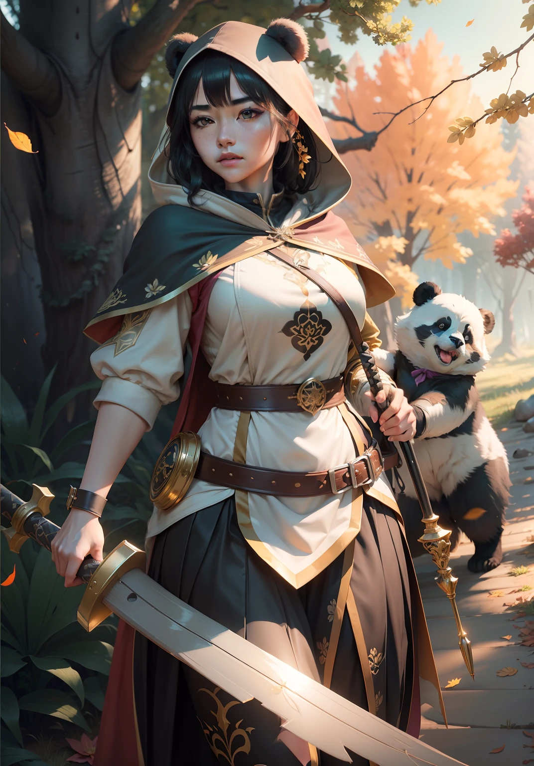 beautiful woman facing the camera black hair asian eyes, wearing a black and white panda hood holding a gleaming sword silver and gold Masterpiece, best quality, high quality, highly detailed CG unity 8k wallpaper beautiful landscape oil painting, award winning photography, bokeh, depth of field, HDR, bloom, chromatic aberration, photorealism, highly detailed, trending on artstation, on CGsociety Trending, intricate, high detail, dramatic, midjourney art and masterpiece, best quality, high quality, extremely detailed CG unity 8k wallpaper lush summer landscape with rolling green hills stretching towards the horizon, dotted with pink, yellow wildflowers, and purples, volumetric lighting and masterpiece, best quality, high quality, extremely detailed CG unity 8k wallpapers serene autumn landscape surrounded by trees in shades of golden yellow, fiery red and burnt orange. The crisp air is laced with the sweet aroma of fallen leaves and wood smoke. The ground is covered with a golden folia