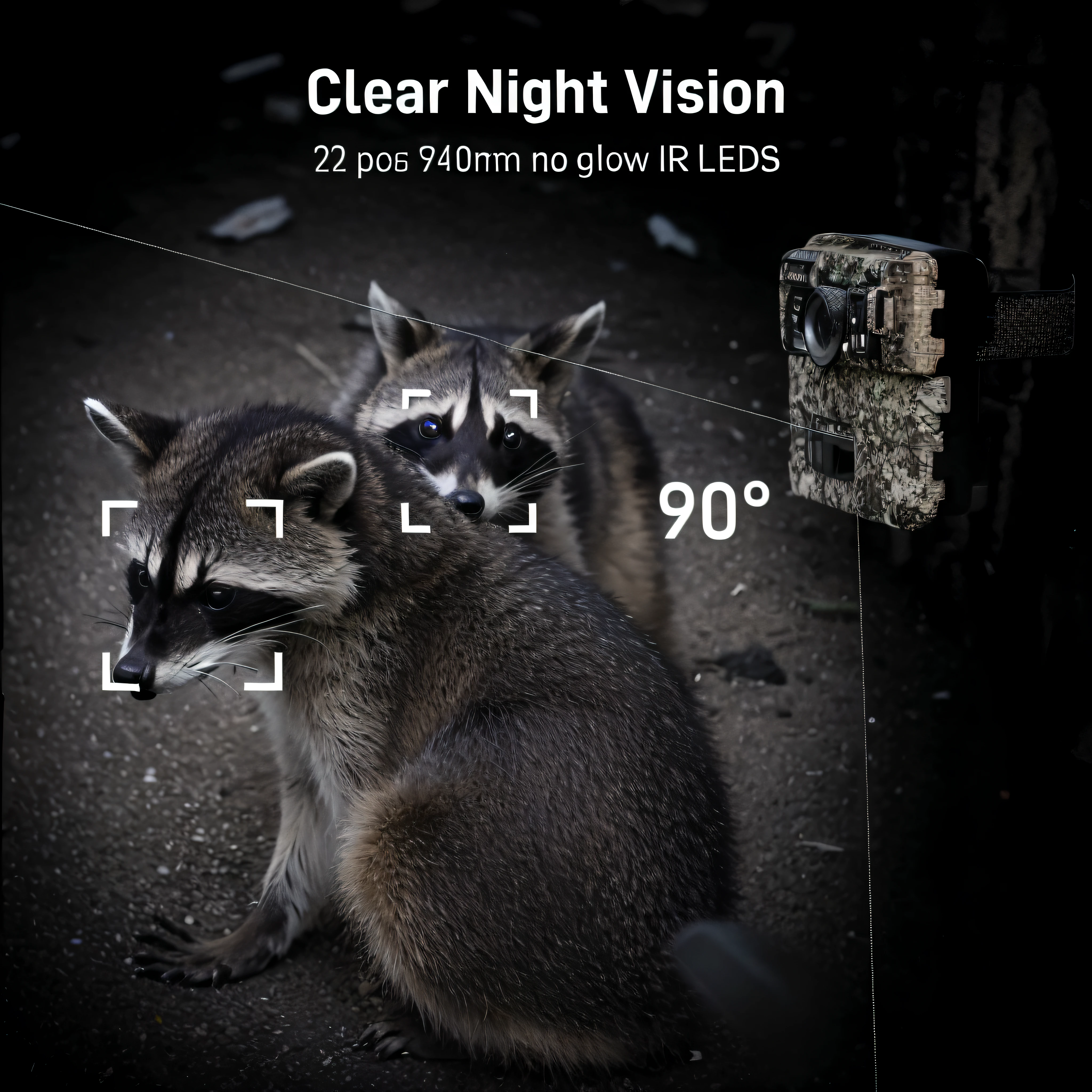 Arad image of a raccoon with a camera on its back, 1 0 8 0 p, 1080p, Track the camera, high-resolution details, 24mp, 2 4 miles/sec, detailed wide shot, 7 2 0 p, 720p, Night camera, clear detailed view, night vision, 1 2 0 0 dpi
