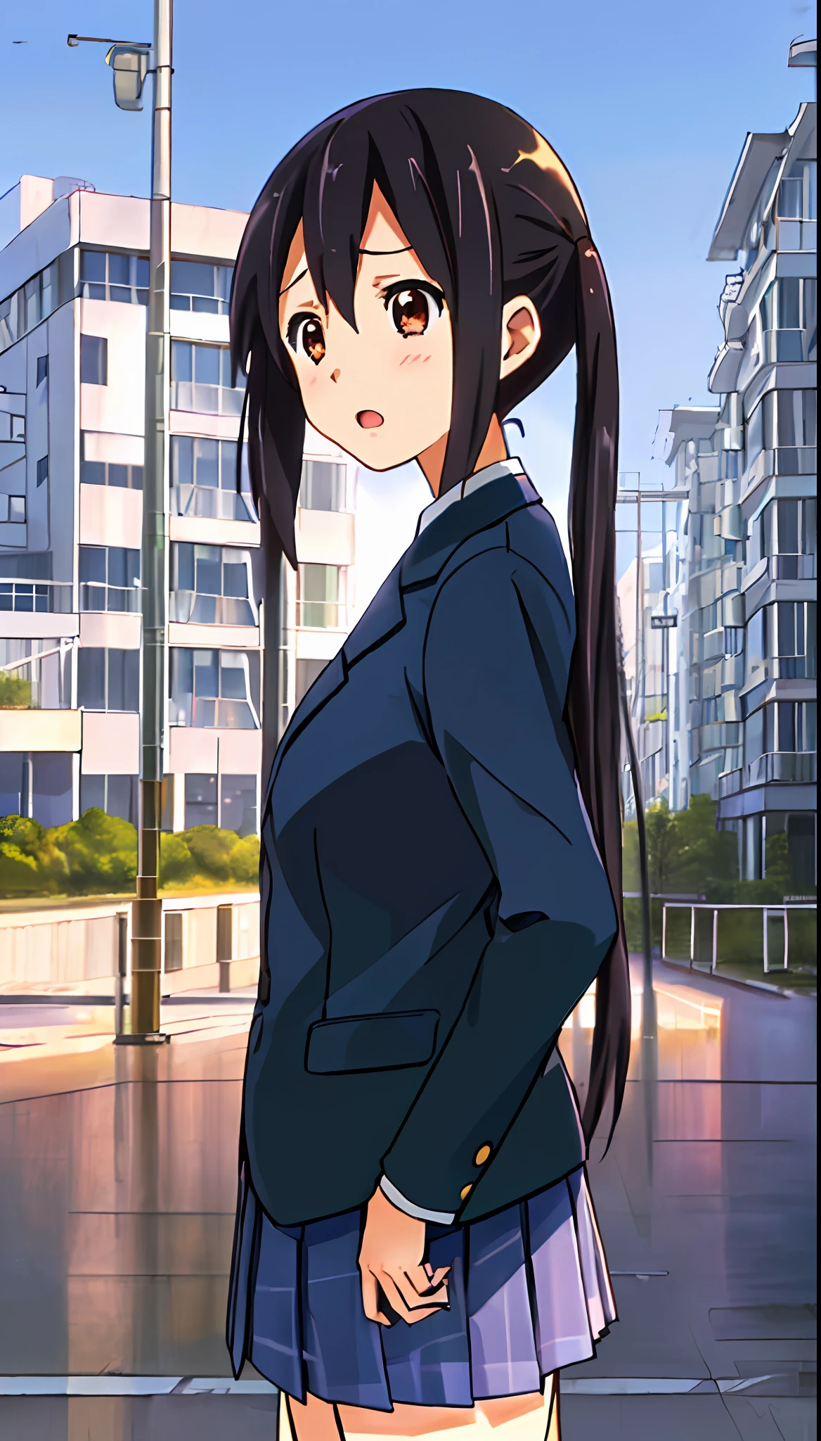 1girl, ((((Masterpiece))), Best Quality, Best Quality, High Detail, Azusa Nakano, 1girl, Sakuragaoka High School Uniform, Musical Instrument, School Uniform, Twin Tails, Long Hair, Black Hair, Brown Eyes, Solo, Red, Dark blue blazer with a thin ribbon of red, Solid white button shirt under blazer, Illustration, Cartoon, Soothing tones, Muted colors, Soft cinematic light, Adobe Lightroom, Photo Lab, HDR, complex and highly detailed, (((depth of field))))). (((Masterpiece))). (((highest quality))).) ((super detail))). (((Illustration))). (((外))).dynamic focus.small breasts. (((skyscrapers))). (((Cityscape))). (((Face of sadness))). open mouth. (((hands on hips))). (((Proud))).