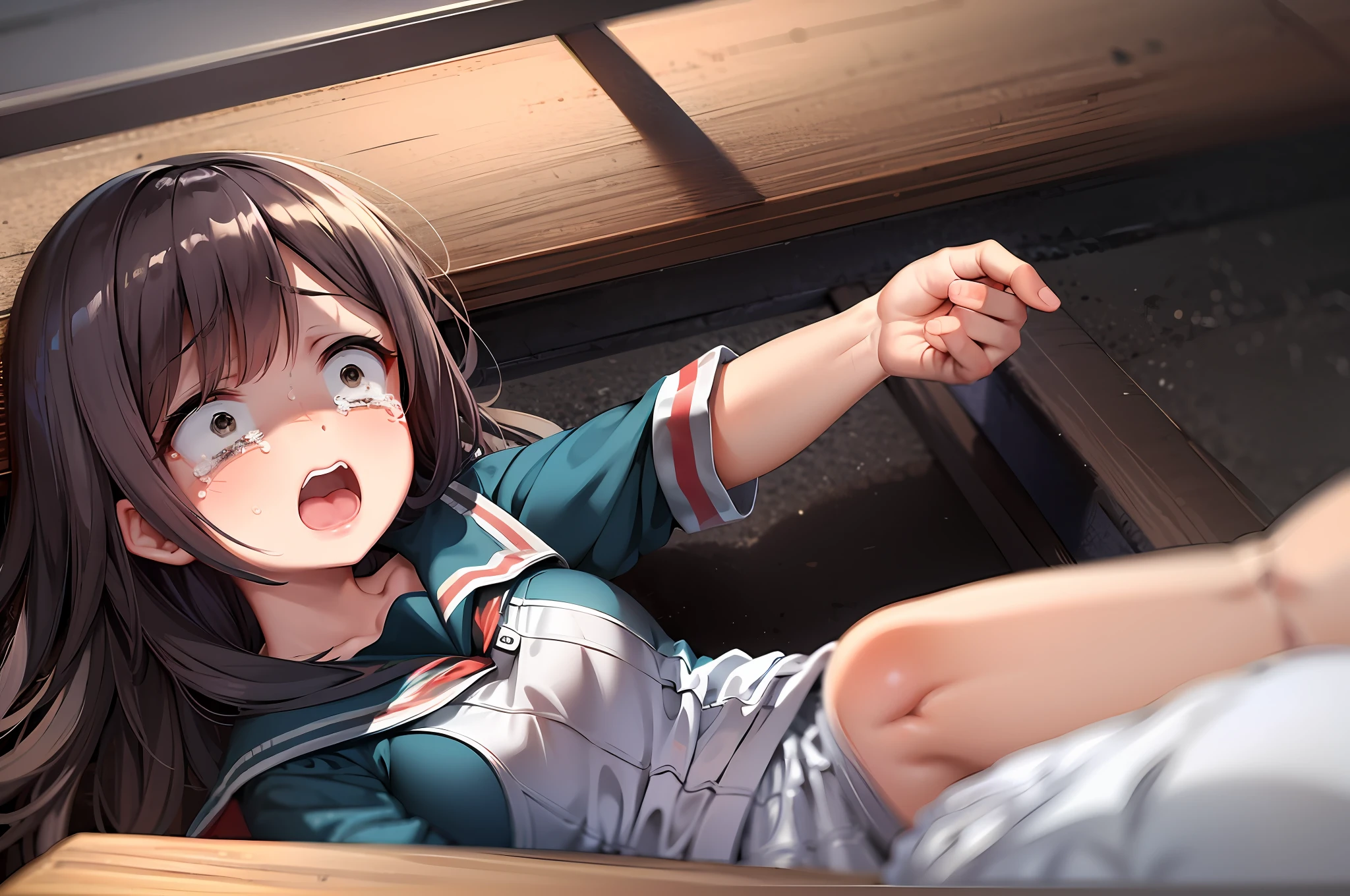(masterpiece:1,2), best quality, scared expression, open mouth,tears,
1gir, lying , serafuku,on back,