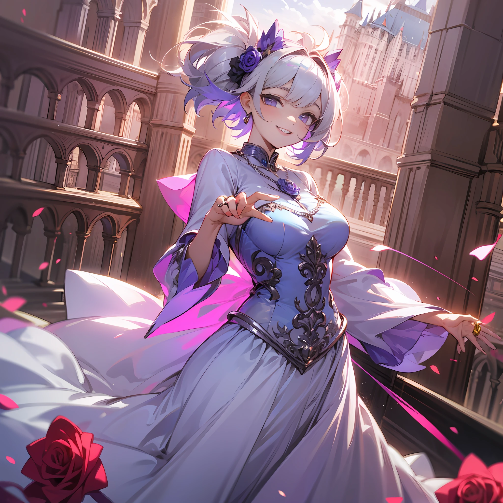 Rose Motif Purple Long Dress 4K Beauty Short Bob Hair Blowwind Active Pose Amazing Angle Smile Twin Tail Hair Castle Silver Hair Necklace Ruby Ring