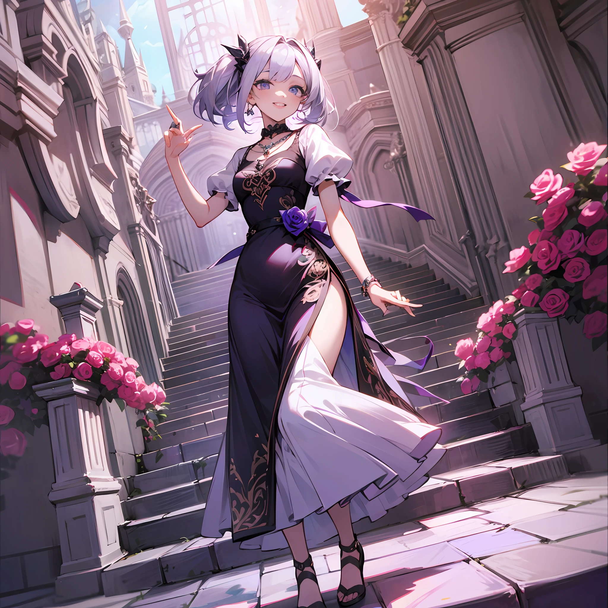 Rose Motif Purple Long Dress 4K Beauty Short Bob Hair Blowwind Active Pose Amazing Angle Smile Twin Tail Hair Castle Silver Hair Necklace Ruby Ring