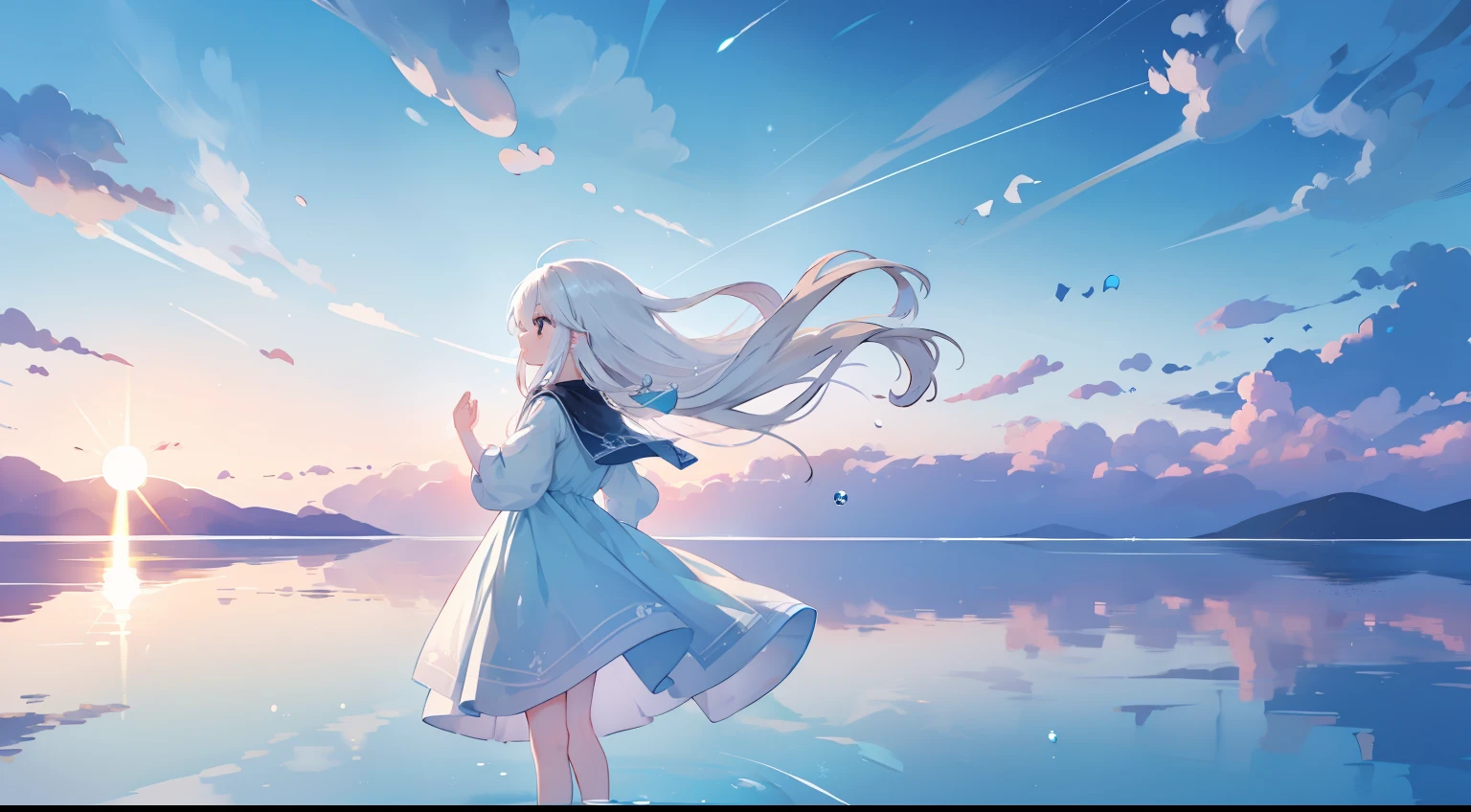 One girl、Salar de Uyuni、masterpiece、top-quality、Earliest image quality、cute little、profile、Seen from afar、Beautiful sky、water reflections、ripple on water、summer dress、white hair、Very long hair、spreading hands、