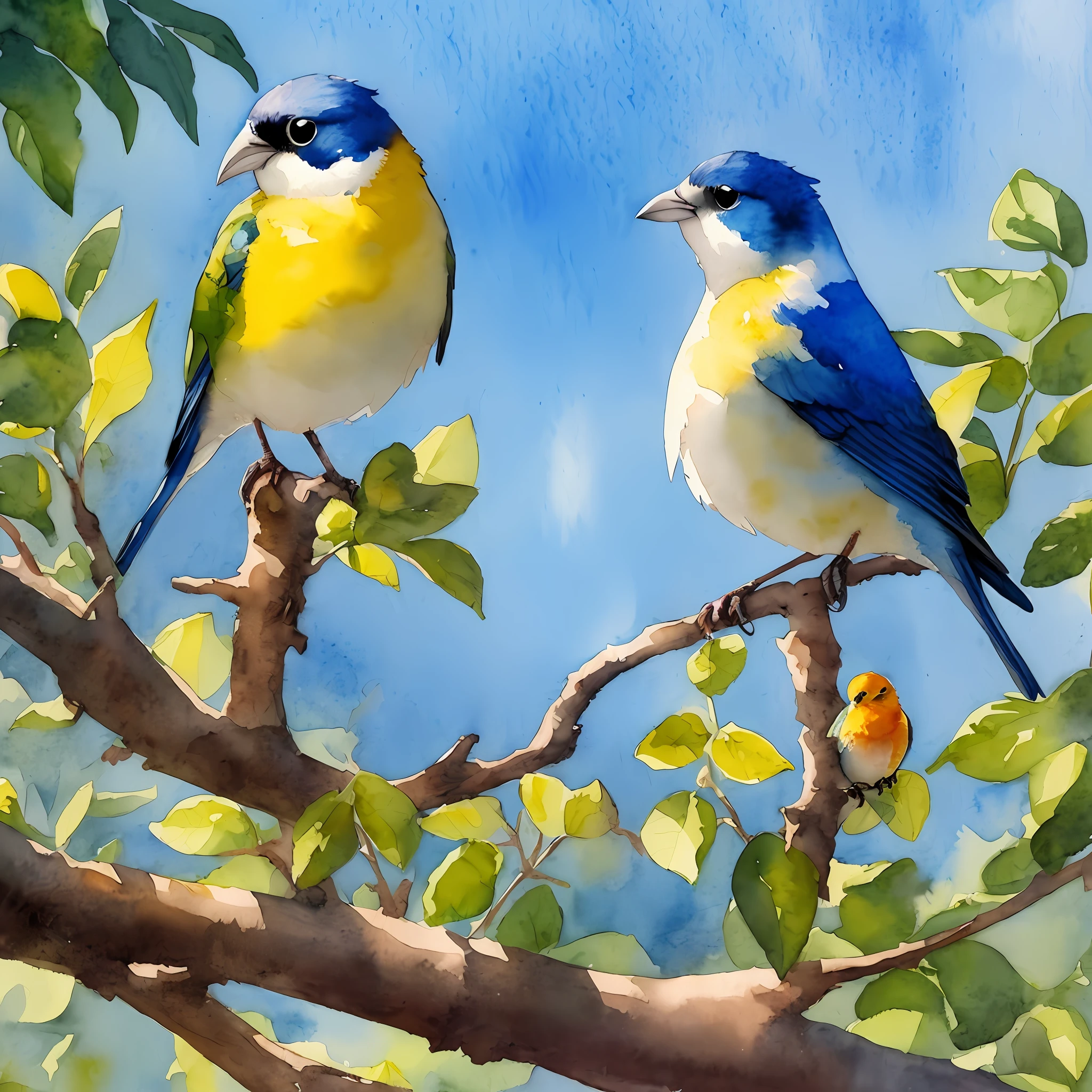 Little bird perching on perch Picture book style watercolor --auto
