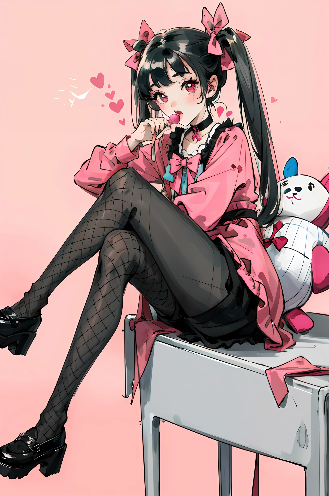 masterpiece, best quality, (jirai_kei),1girl, solo, long_hair, looking_at_viewer, shirt, black_hair, long_sleeves, bow, ribbon, twintails, sitting, monochrome, hair_bow, heart, pantyhose, frills, food, shoes, choker, blunt_bangs, black_skirt, pink_eyes, stuffed_toy, pink_background, stuffed_animal, frilled_skirt, pink_bow, (fishnets), candy, bandaid, pink_shirt, teddy_bear, lollipop, (fishnet_pantyhose), platform_footwear, pink_theme, pill, heart-shaped pupils,