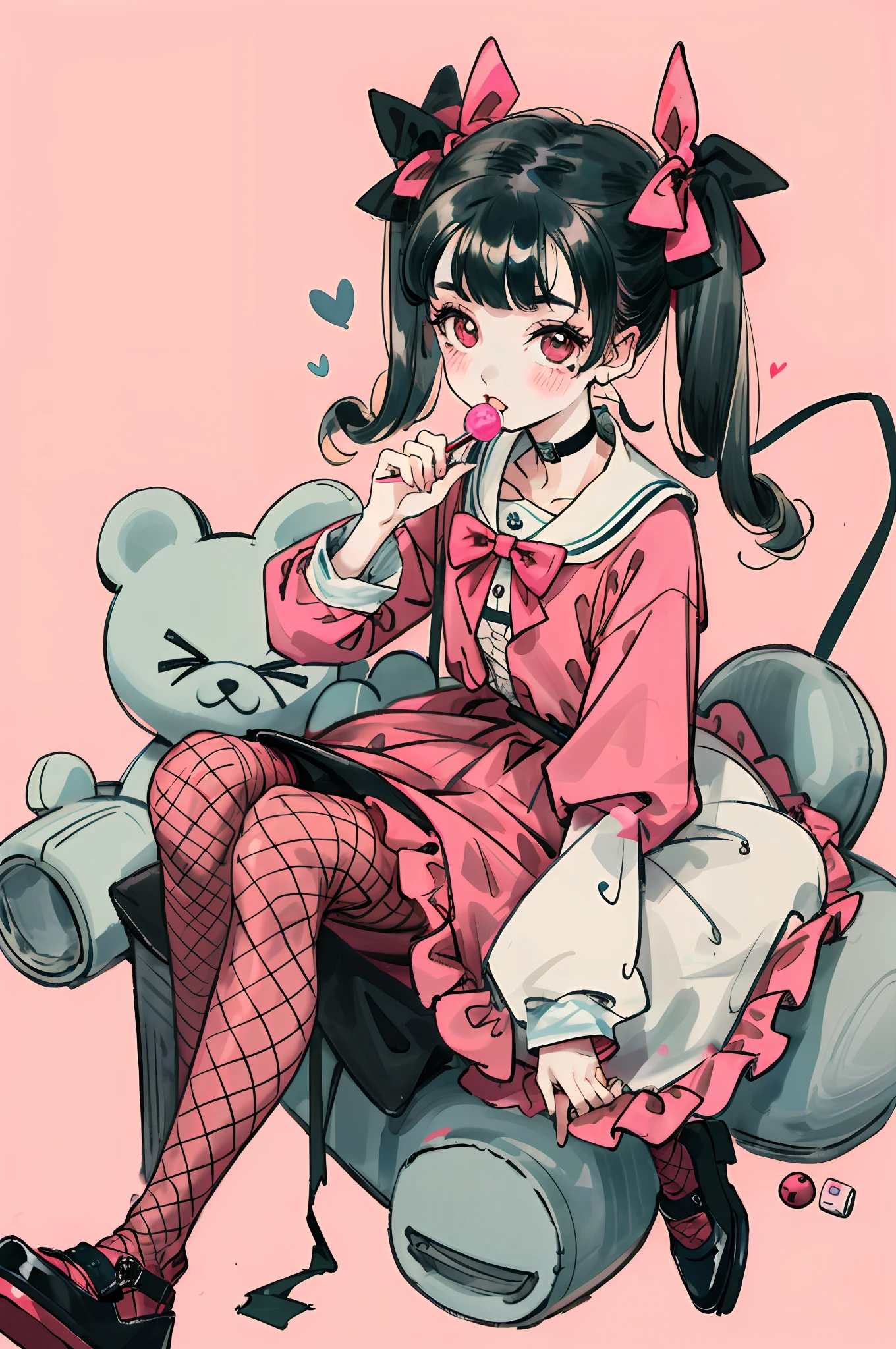 masterpiece, best quality, (jirai_kei),1girl, solo, long_hair, looking_at_viewer, shirt, black_hair, long_sleeves, bow, ribbon, twintails, sitting, monochrome, hair_bow, heart, pantyhose, frills, food, shoes, choker, blunt_bangs, black_skirt, pink_eyes, stuffed_toy, pink_background, stuffed_animal, frilled_skirt, pink_bow, (fishnets), candy, bandaid, pink_shirt, teddy_bear, lollipop, (fishnet_pantyhose), platform_footwear, pink_theme, pill, heart-shaped pupils,