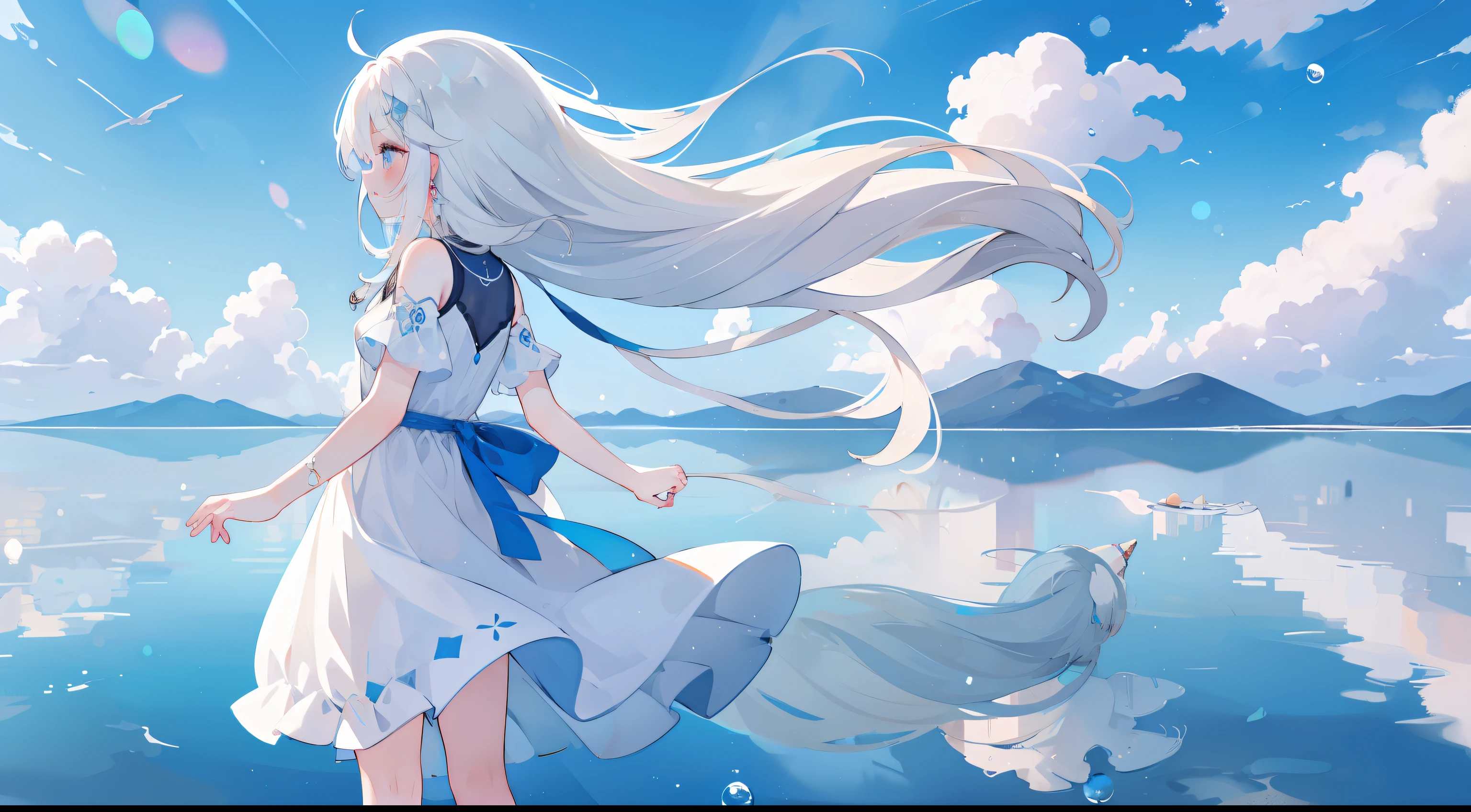 One girl、Salar de Uyuni、masterpiece、top-quality、Earliest image quality、cute little、profile、Seen from afar、Beautiful sky、water reflections、ripple on water、summer dress、white hair、Very long hair、spreading hands、