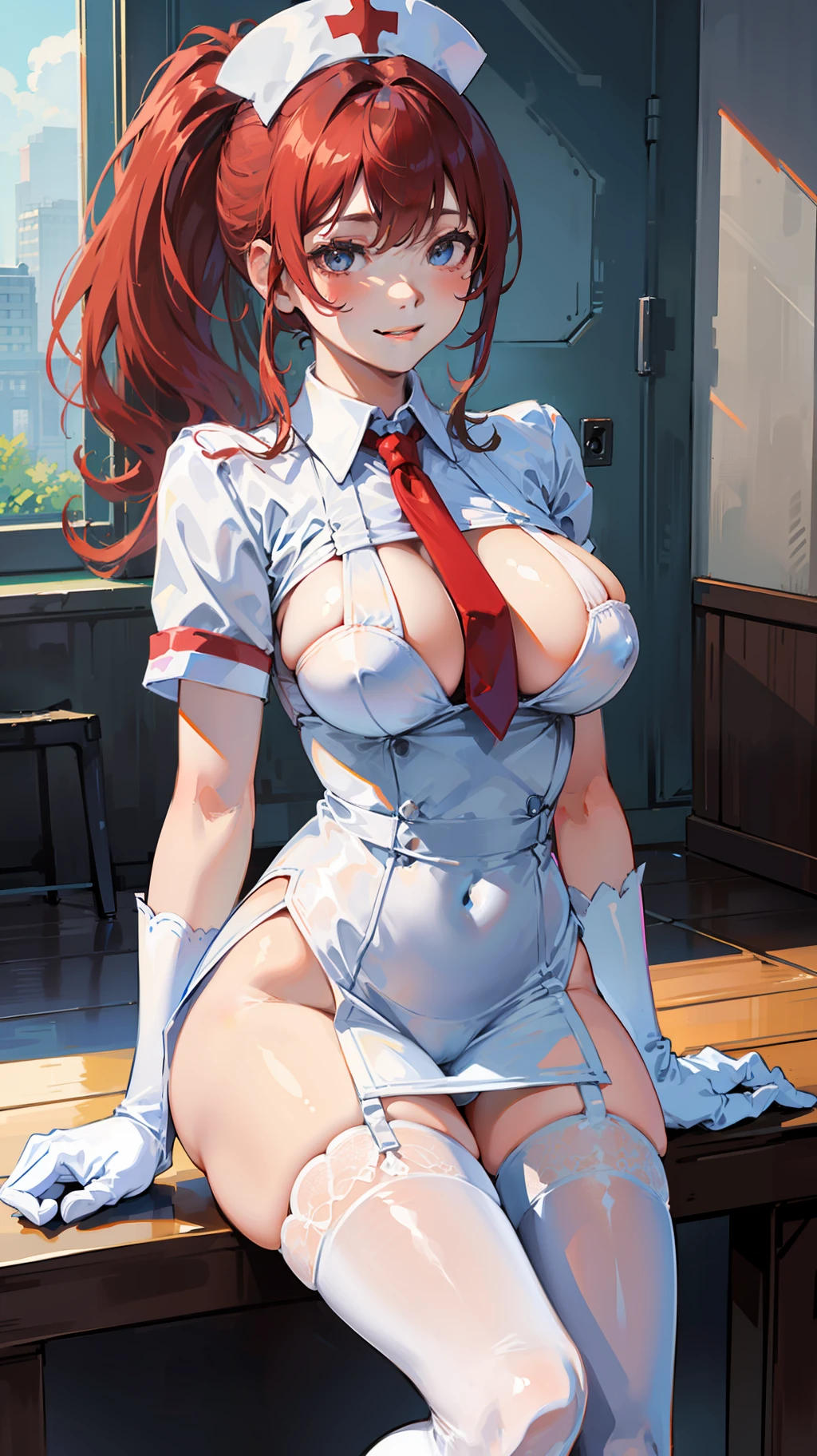 Red double ponytail，red color eyes，Sexy nurse uniform，white long gloves，White panty hose，white Heels，duck sitting，Look at the audience with a smile